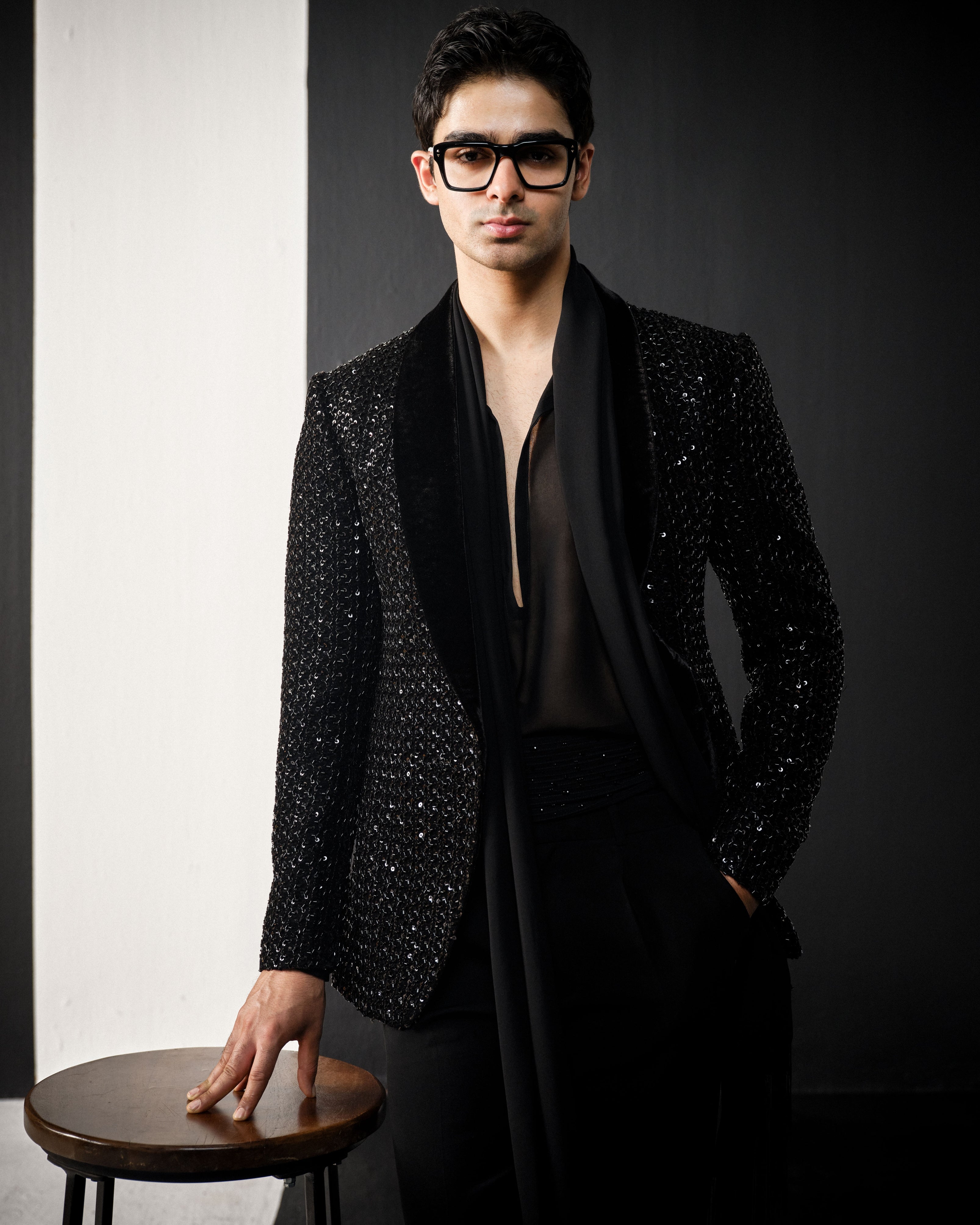 Black Cutdana Scattered Velvet Jacket