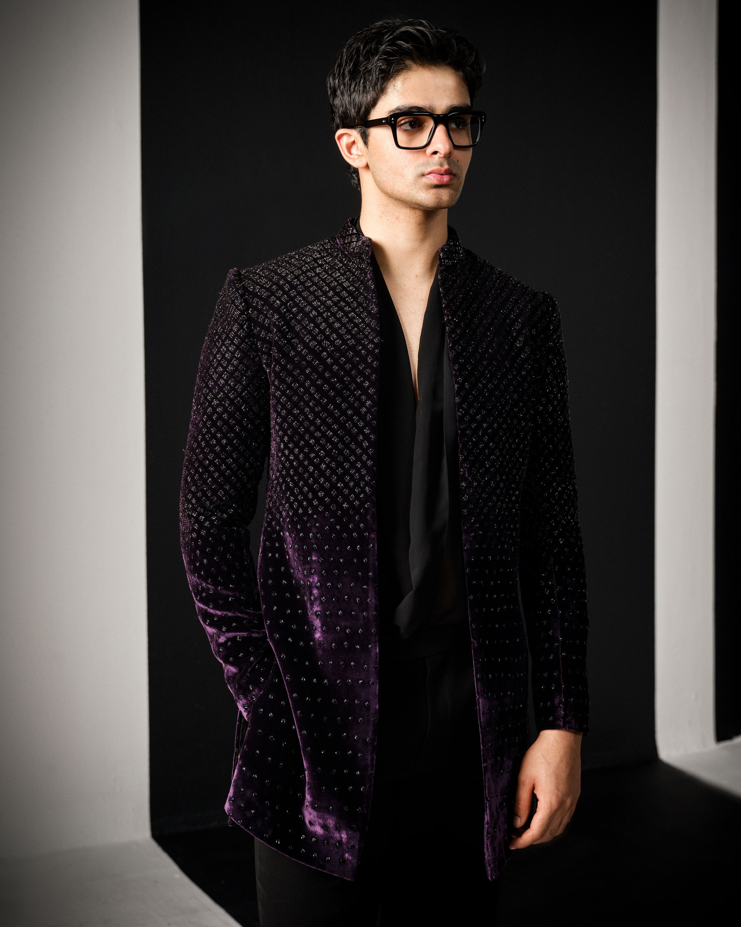 Wine Cutdana Velvet Sherwani