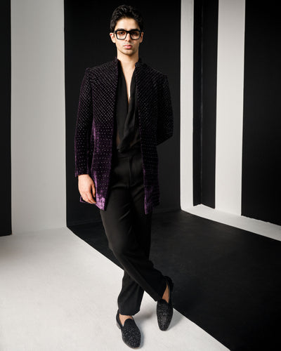 Wine Cutdana Velvet Sherwani