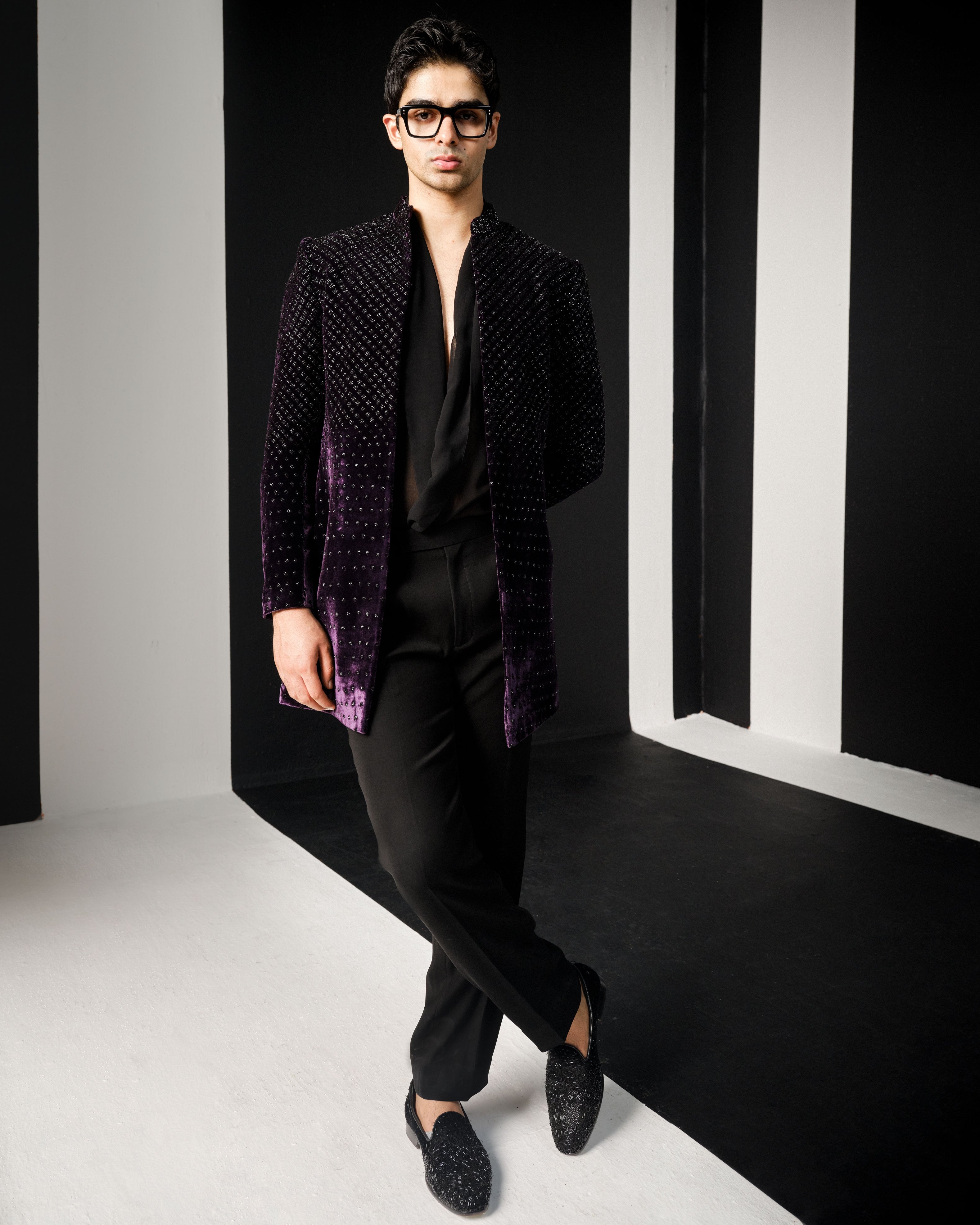 Wine Cutdana Velvet Sherwani