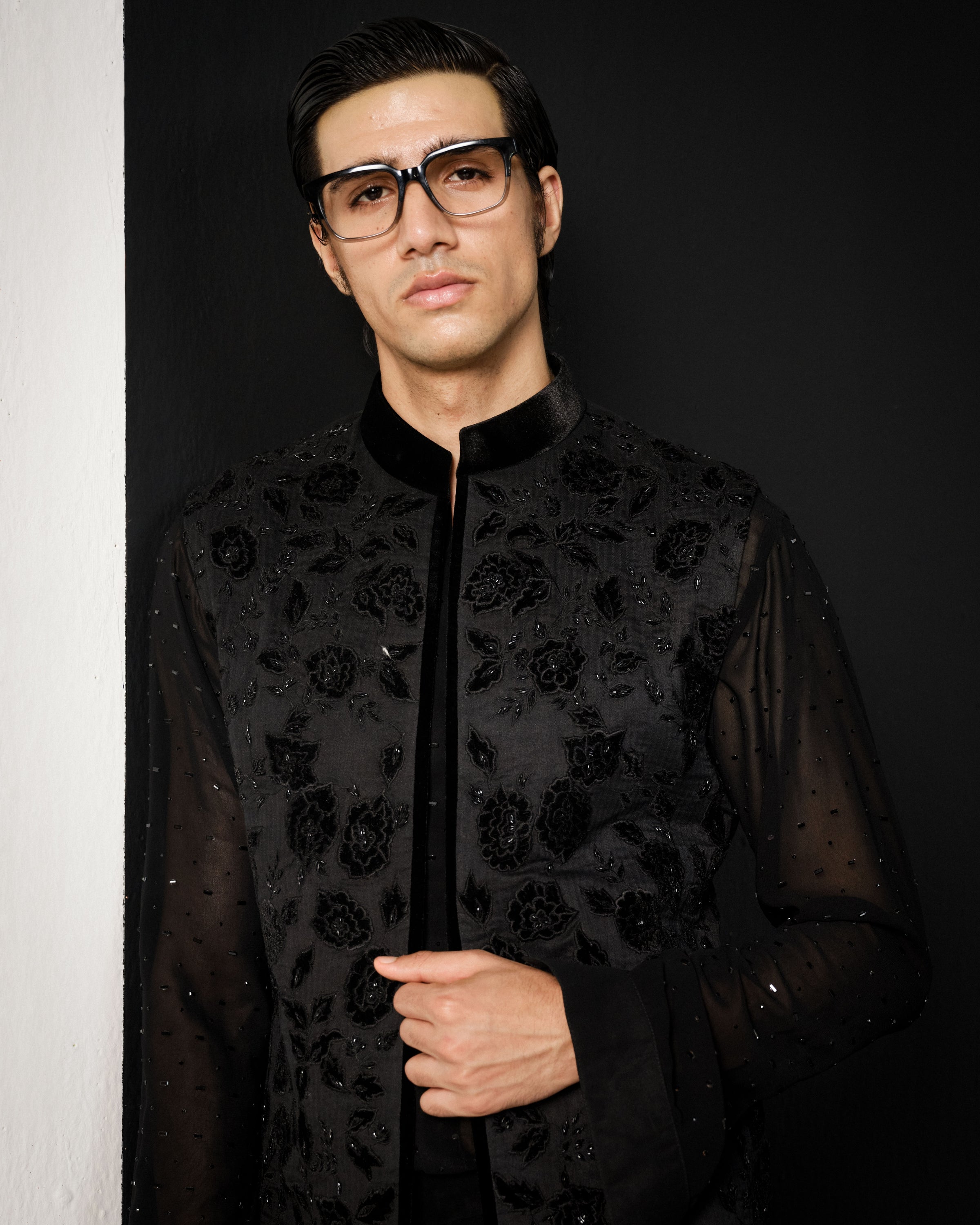 Black Applique Nehru Jacket Set