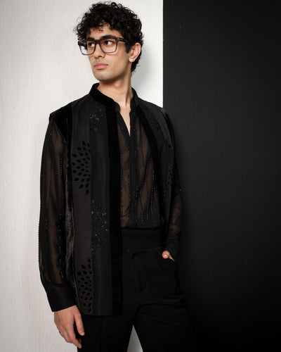 Black Applique Work Nehru Jacket Set