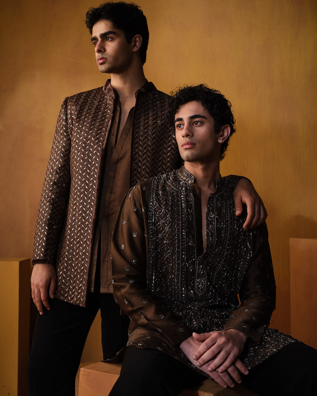 Brown Sequin With Bead Work Bandhgala