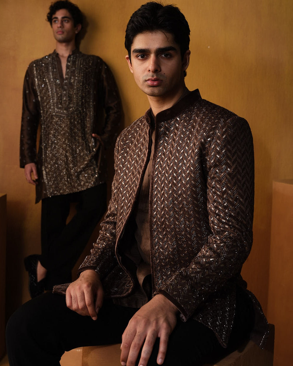 Brown Sequin With Bead Work Bandhgala