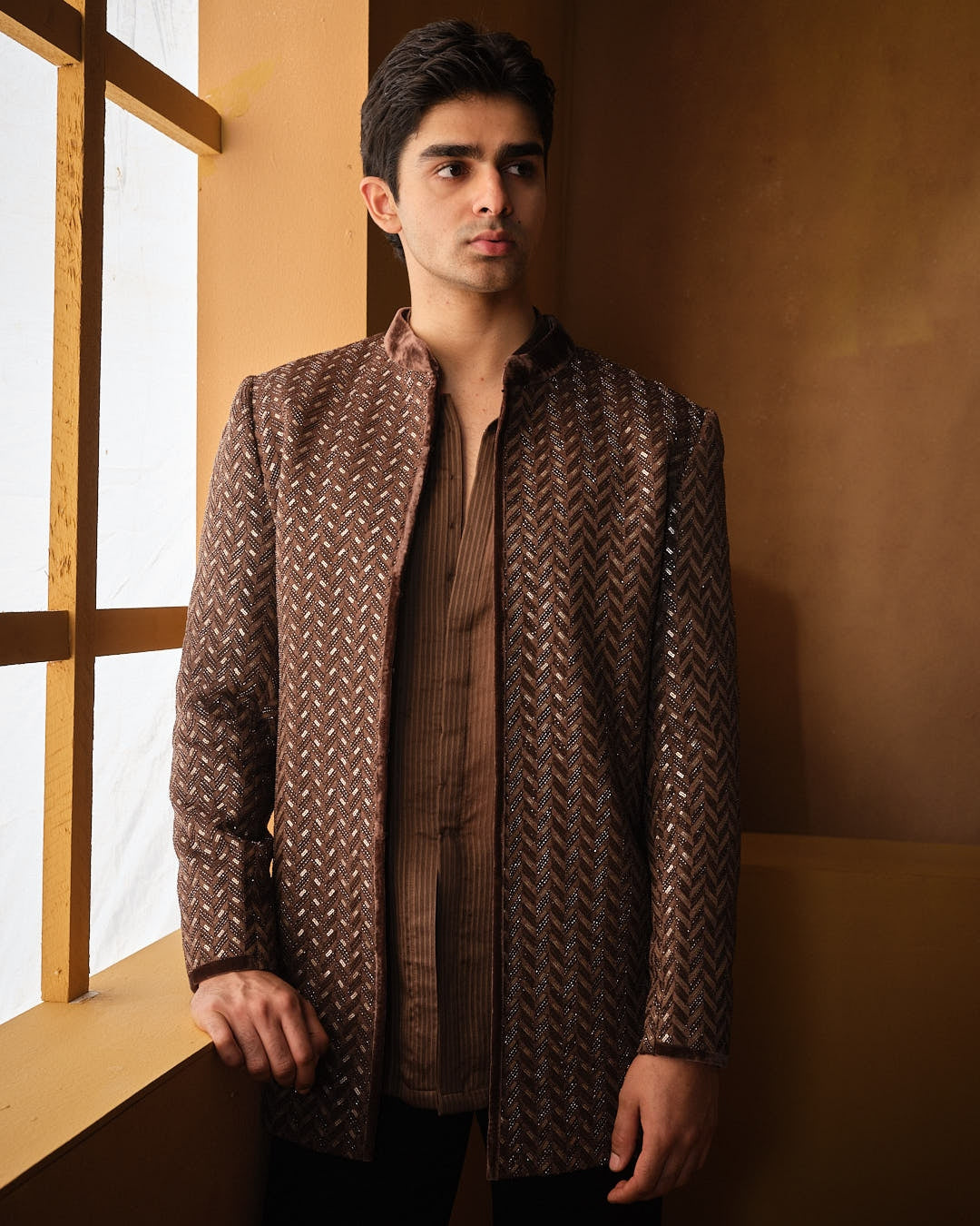 Brown Sequin With Bead Work Bandhgala