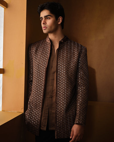 Brown Sequin With Bead Work Bandhgala