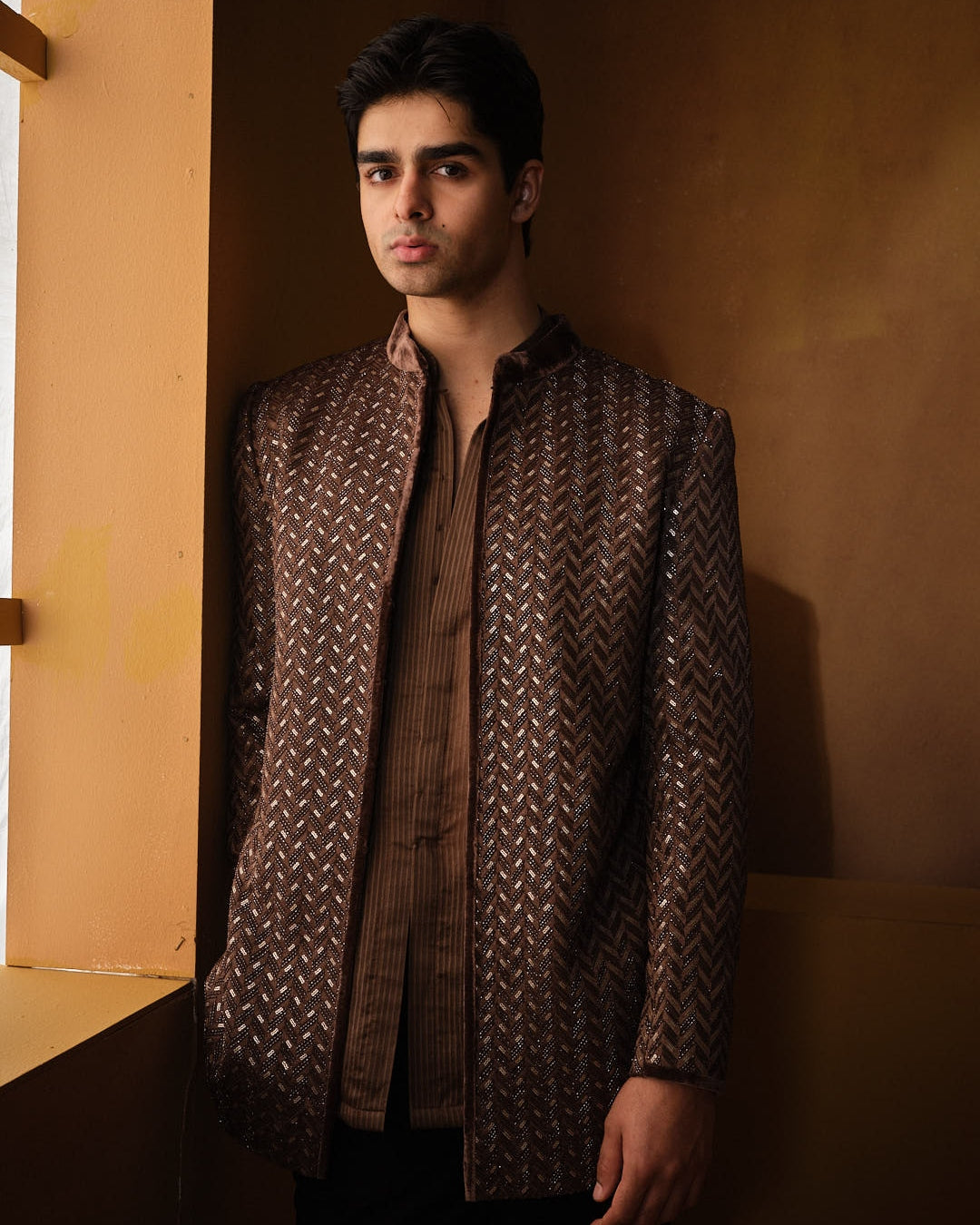 Brown Sequin With Bead Work Bandhgala