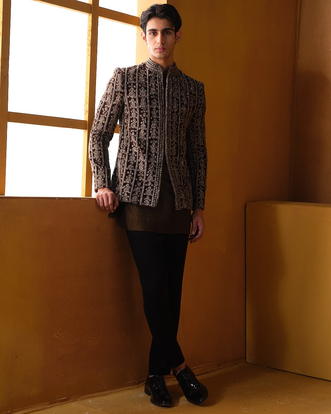 Brown Embroidery Bandhgala