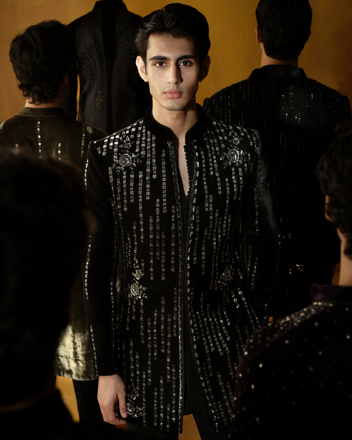 Black Velvet Vertical Lines Bandhgala