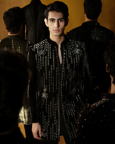 Black Velvet Vertical Lines Bandhgala