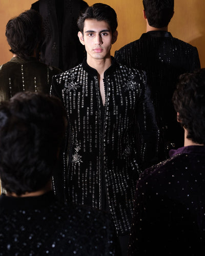 Black Velvet Vertical Lines Bandhgala