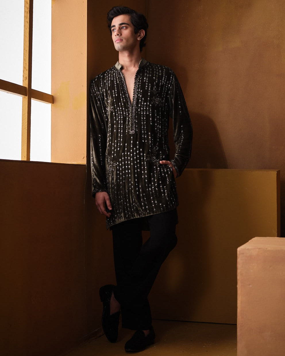 Olive Green Velvet Kurta