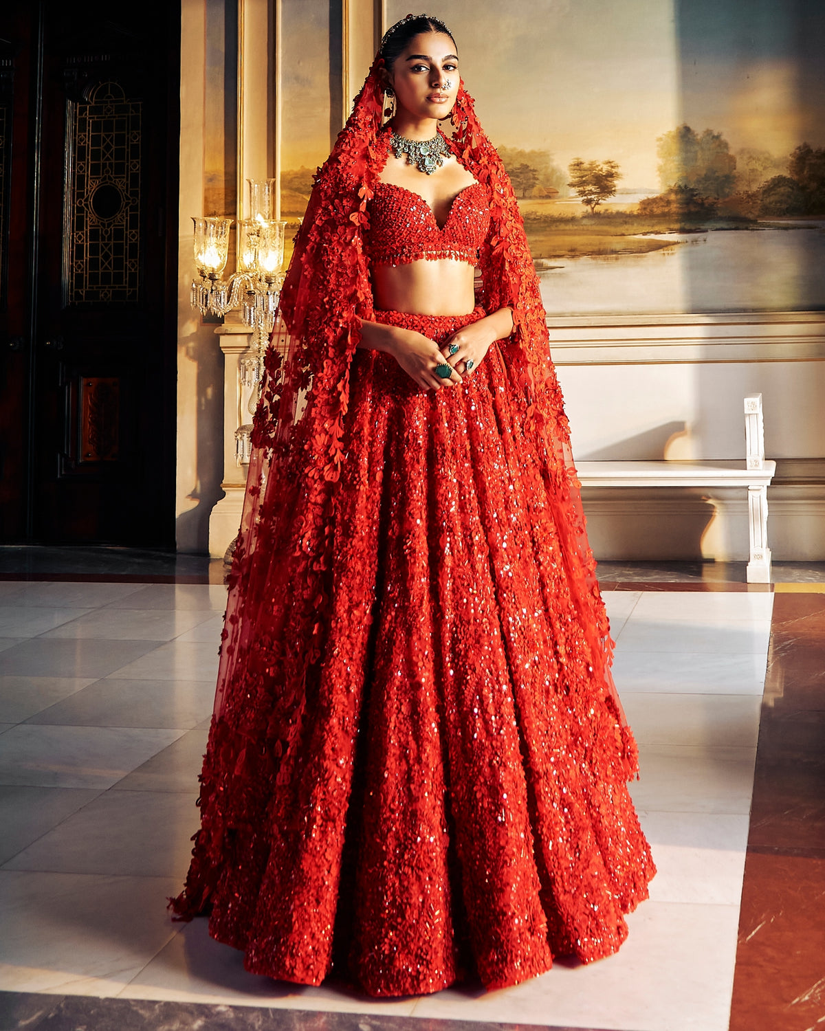 Falaknuma Red Three-Dimensional Floral Lehenga Set