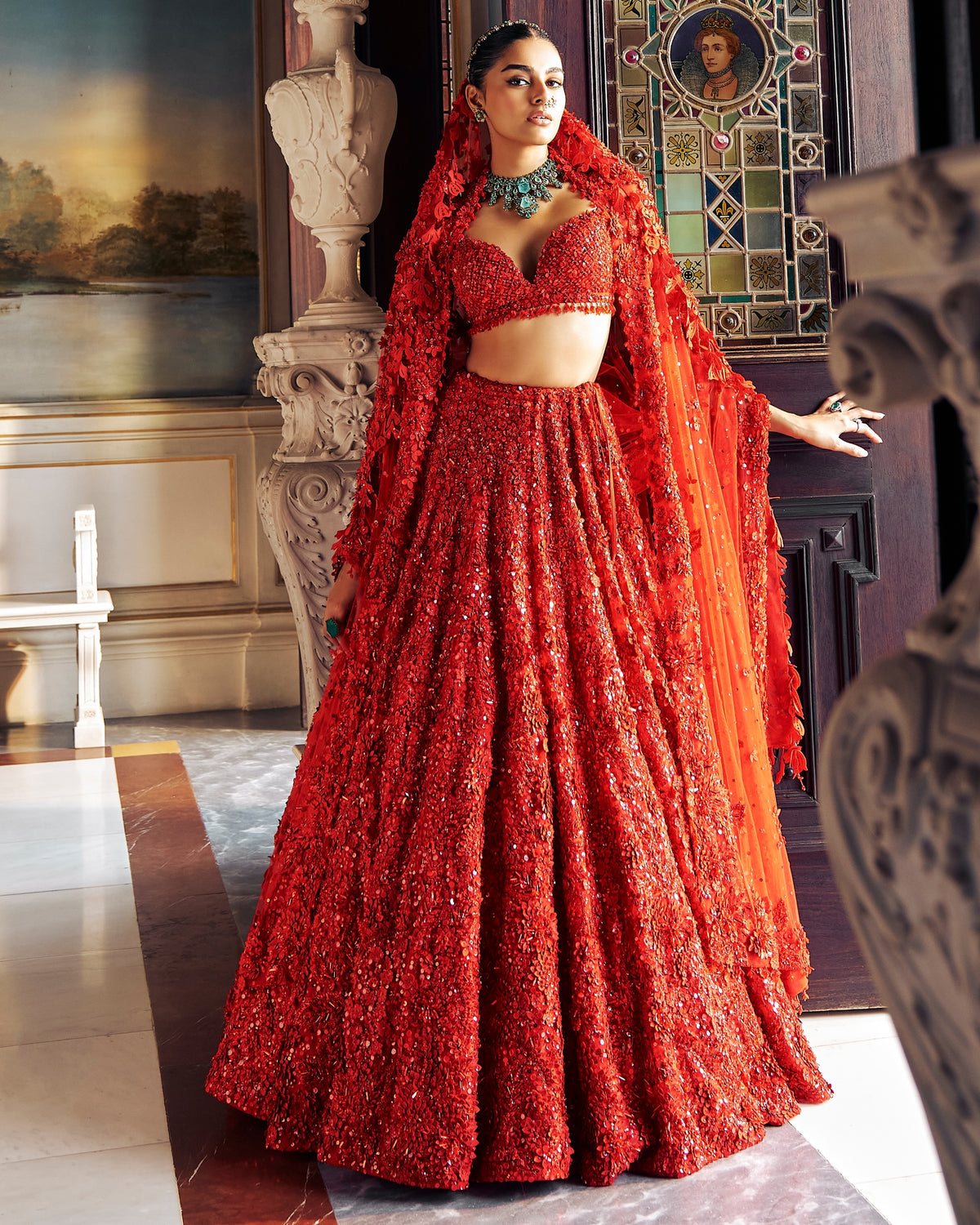 Falaknuma Red Three-dimensional Floral Lehenga Set