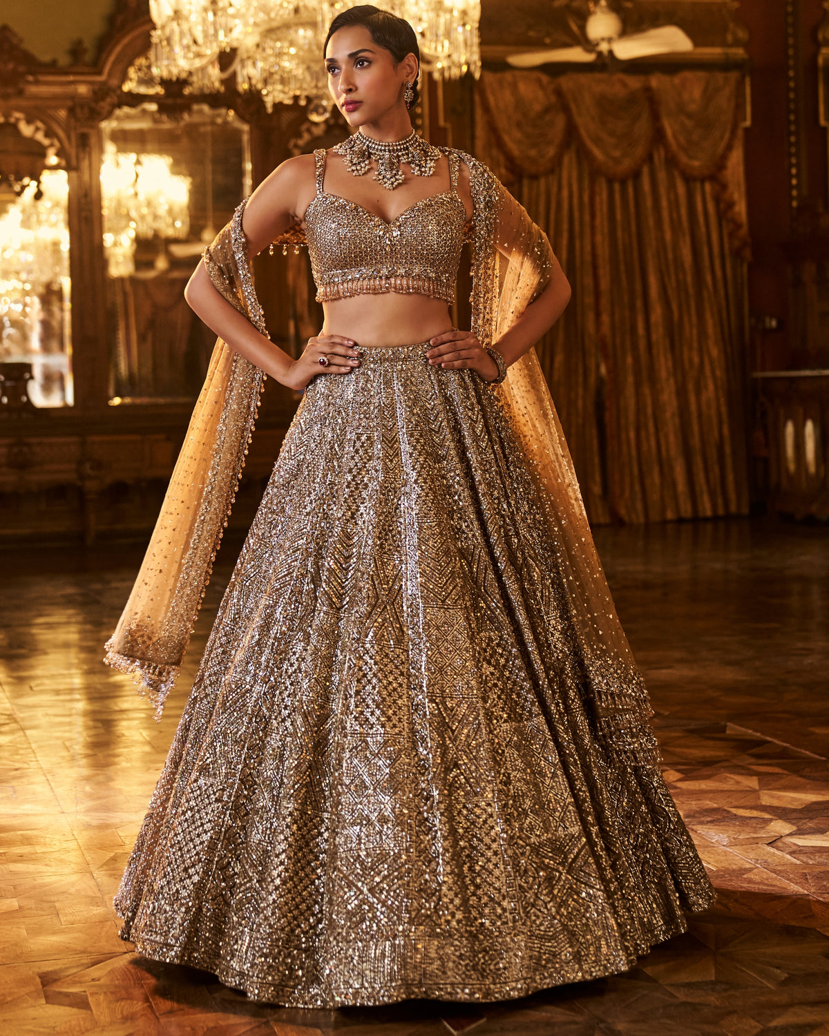 Falaknuma Antique Gold Sequin Lehenga Set