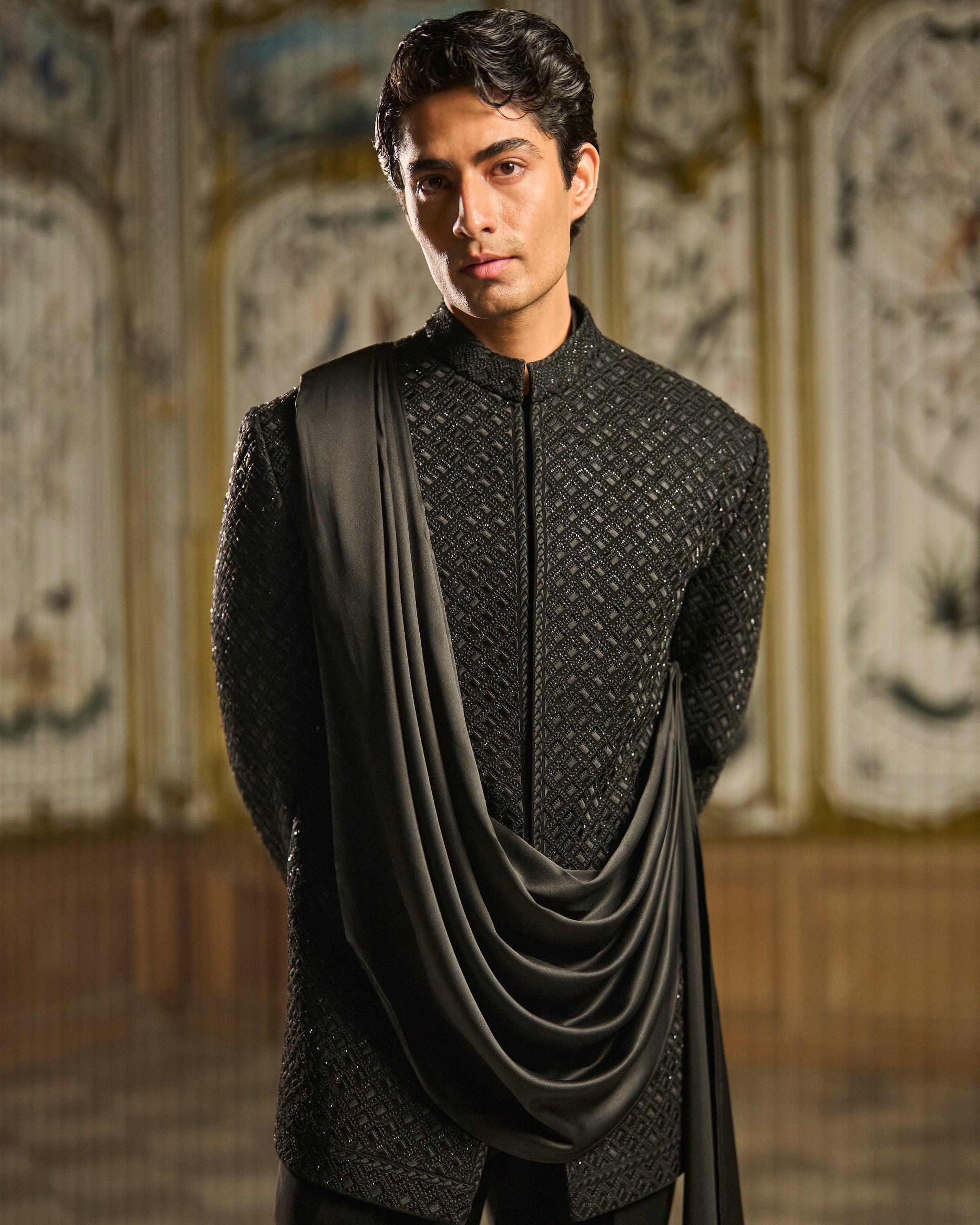 Black Draped Bandhgala Set