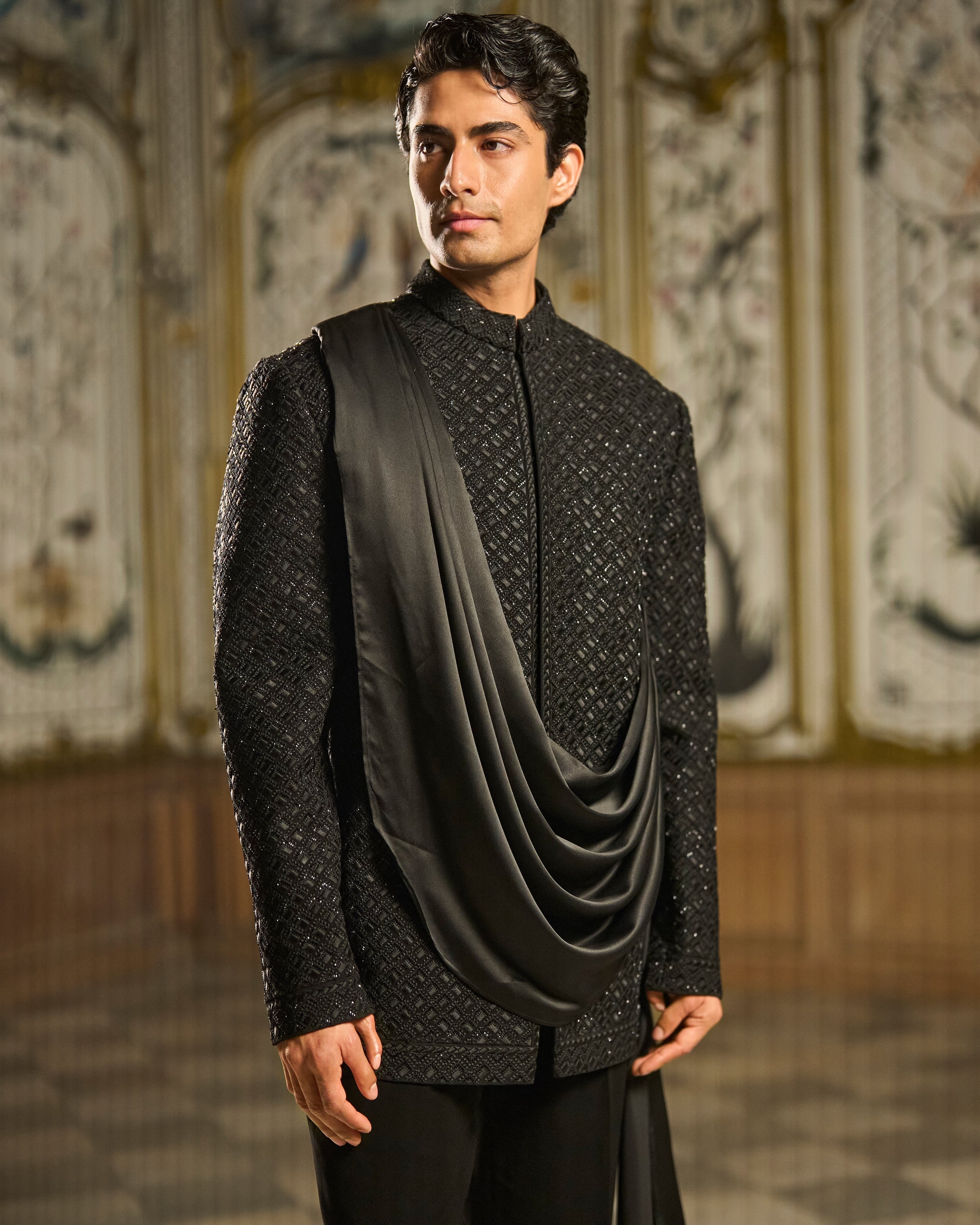 Black Draped Bandhgala Set