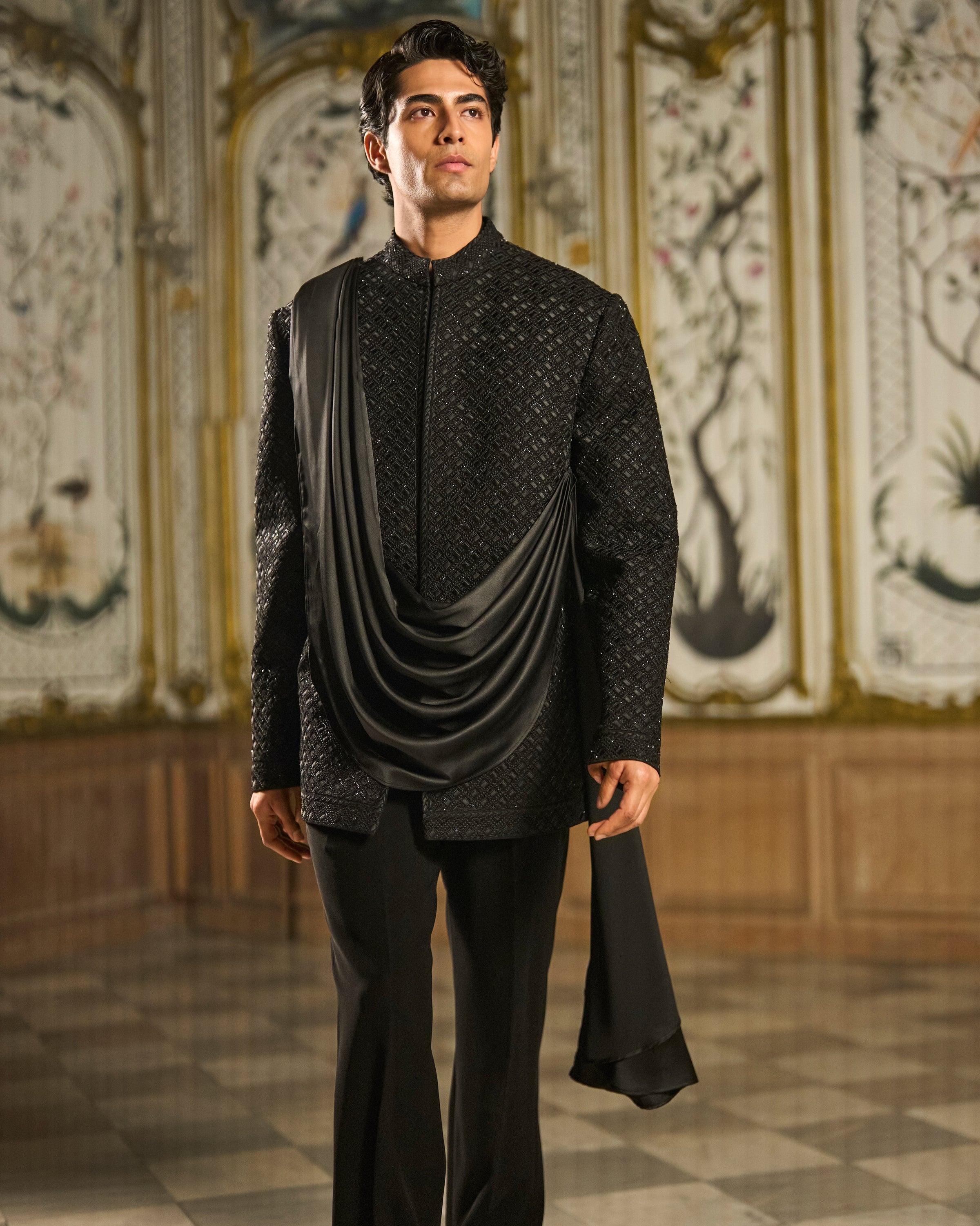 Black Draped Bandhgala Set