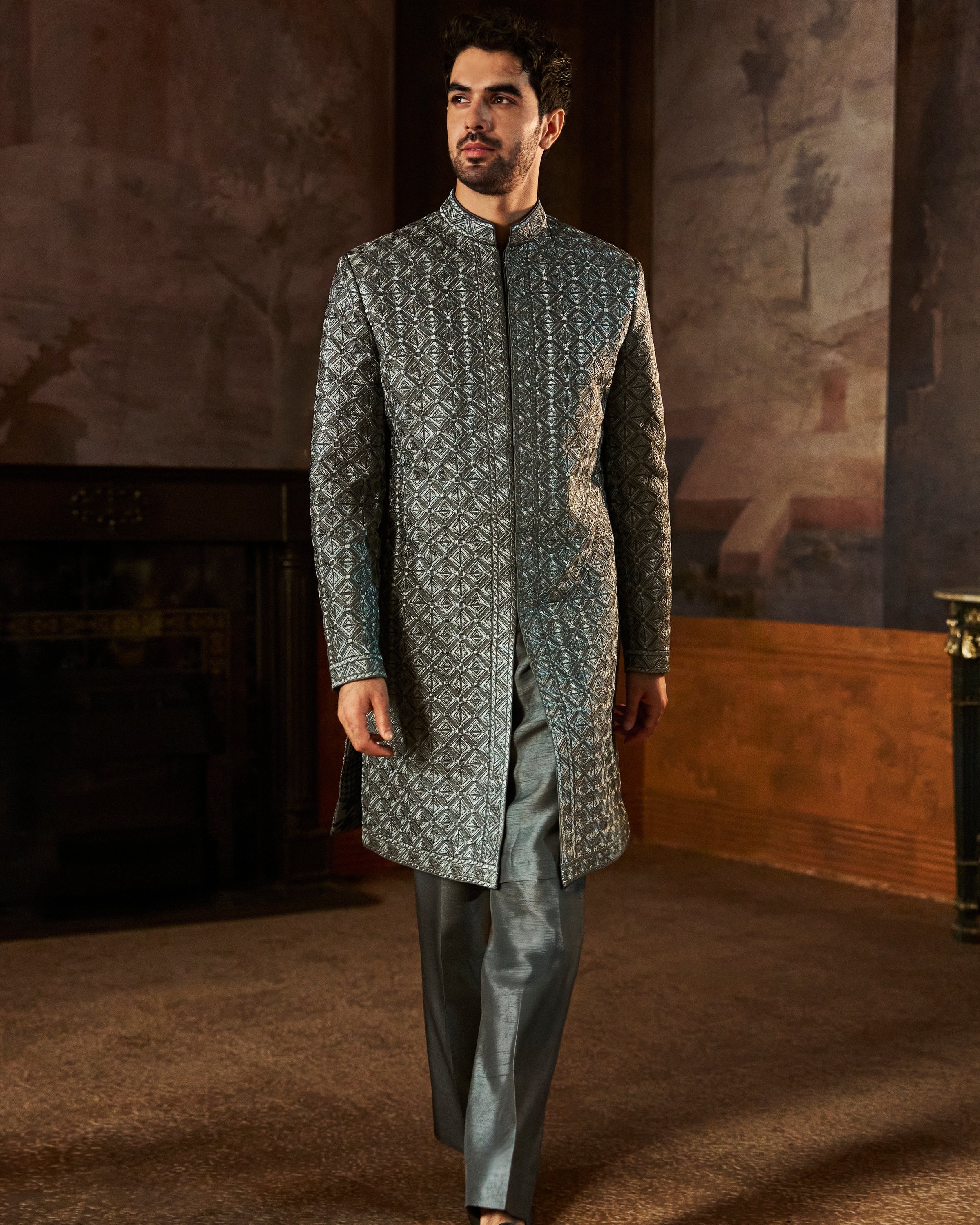 Gray Metallic Sherwani Set