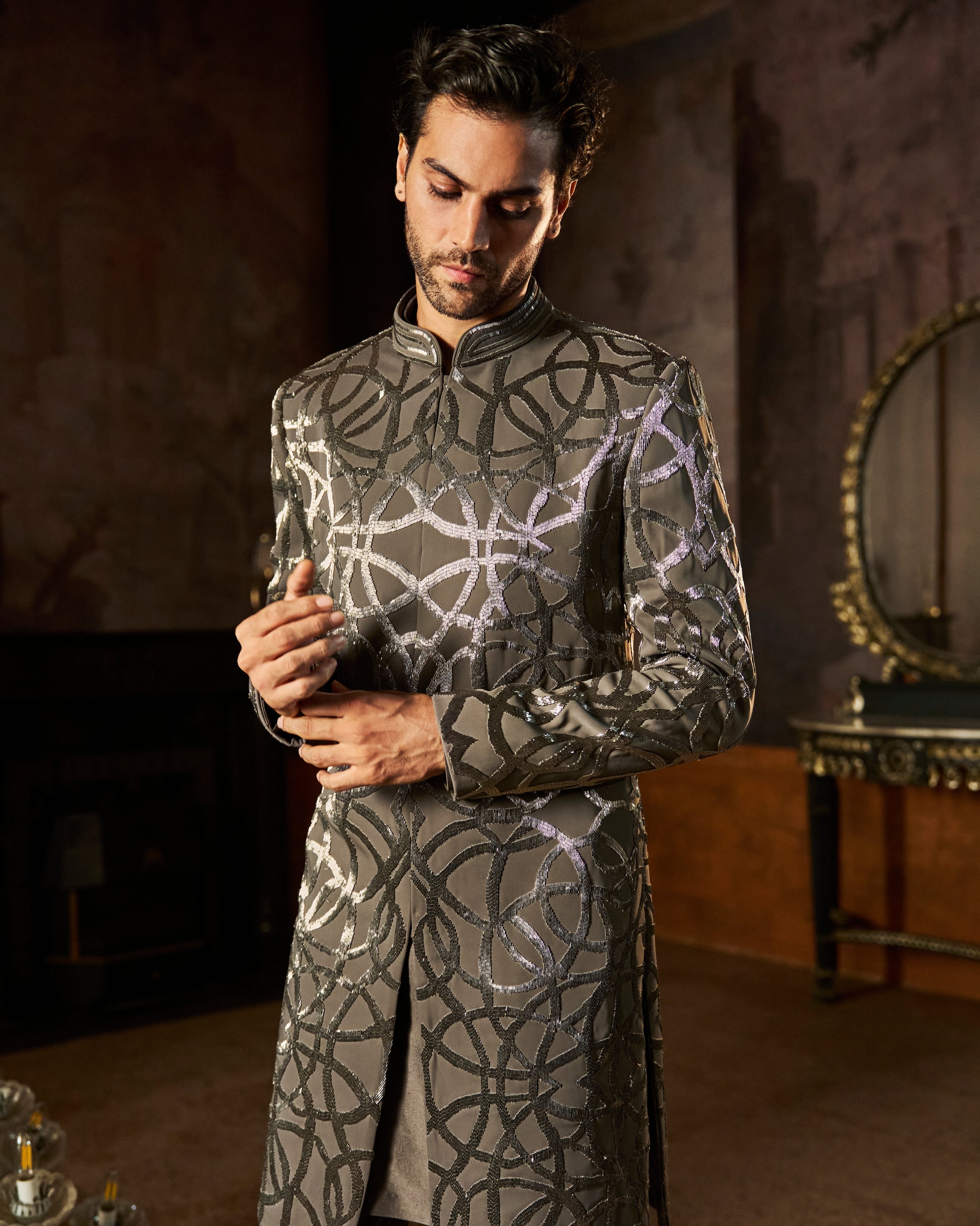 Grey Metallic Sherwani Set