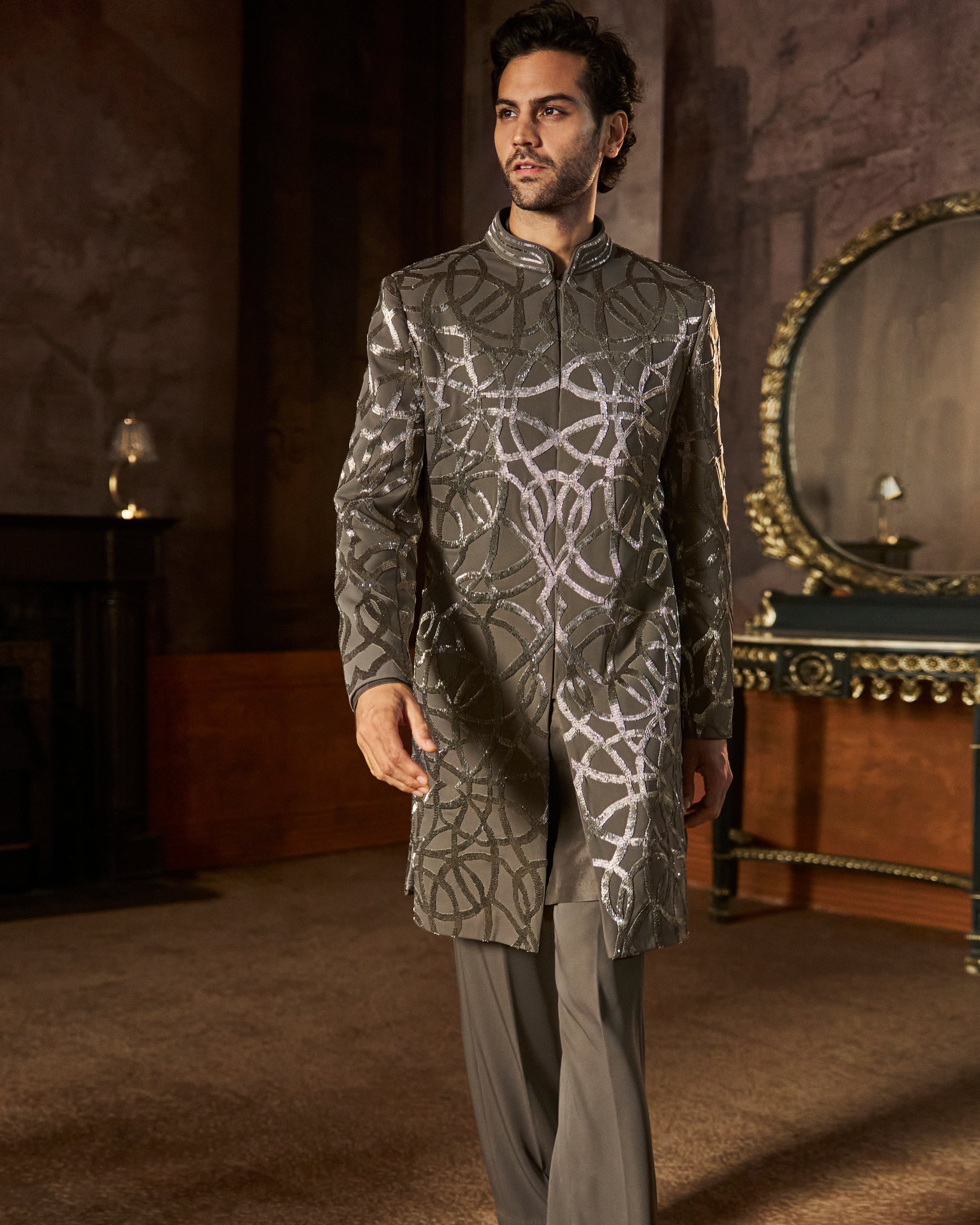 Grey Metallic Sherwani Set
