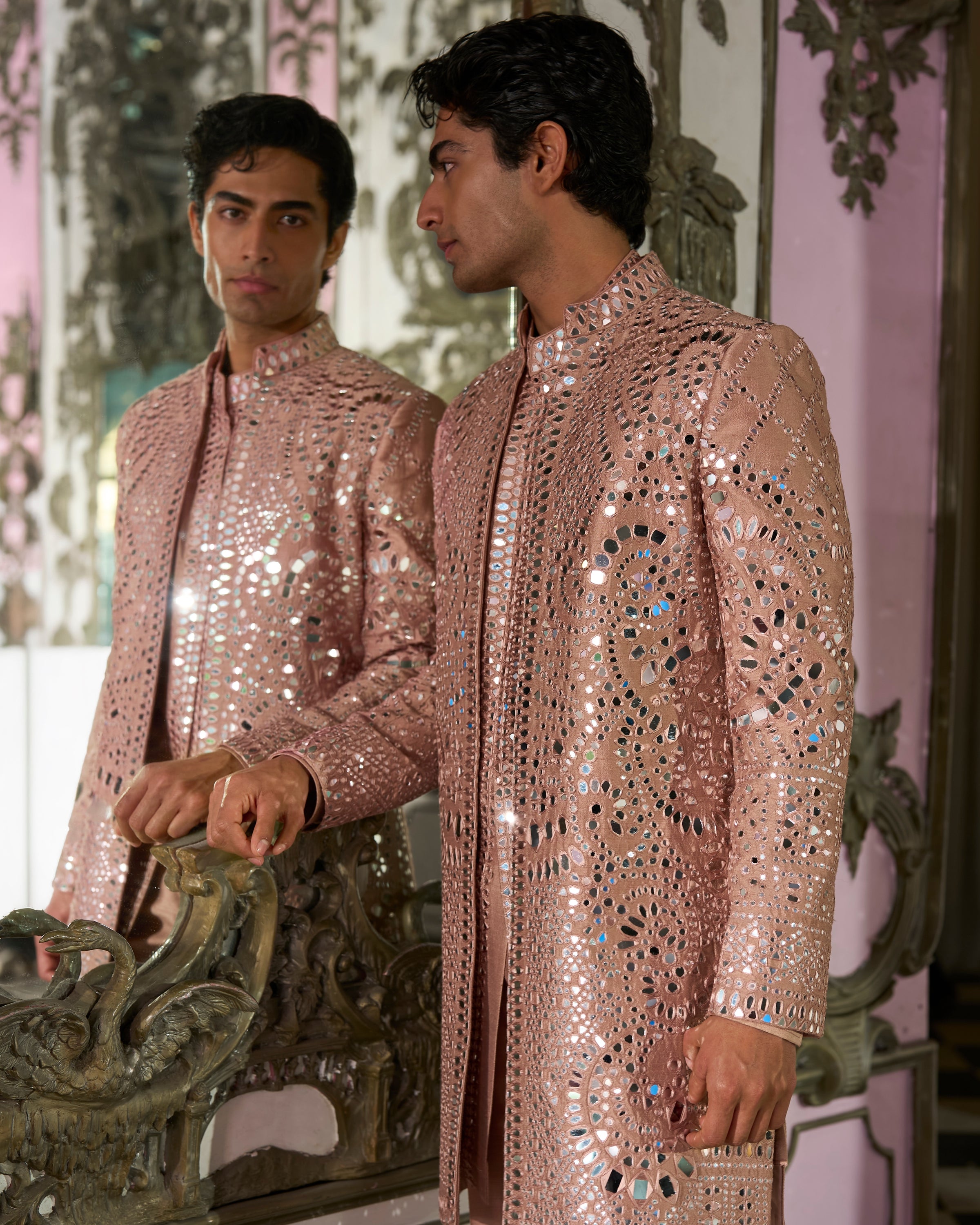 Rose Gold Mirror Work Sherwani Set