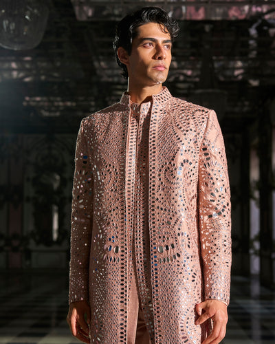 Rose Gold Mirror Work Sherwani Set