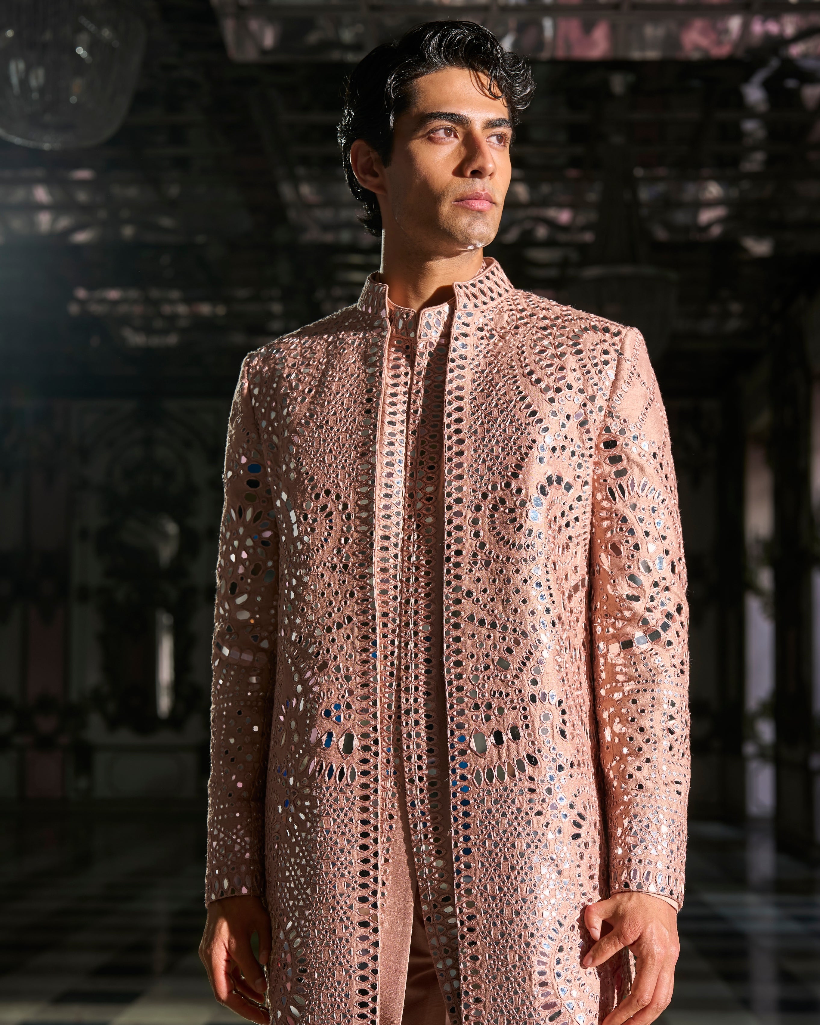 Rose Gold Mirror Work Sherwani Set