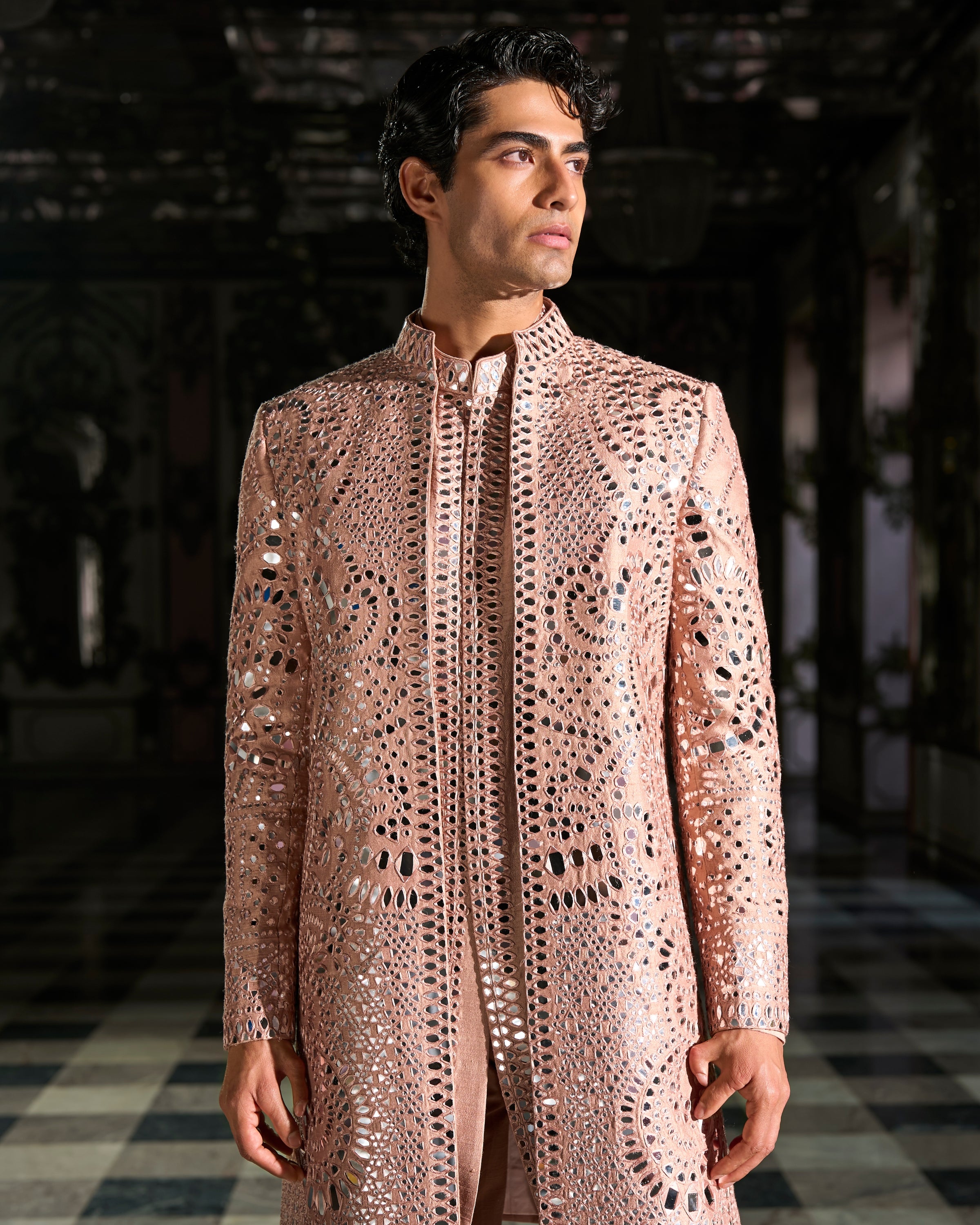 Rose Gold Mirror Work Sherwani Set