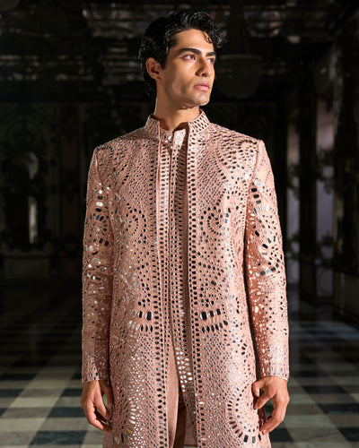 Rose Gold Mirror Work Sherwani Set