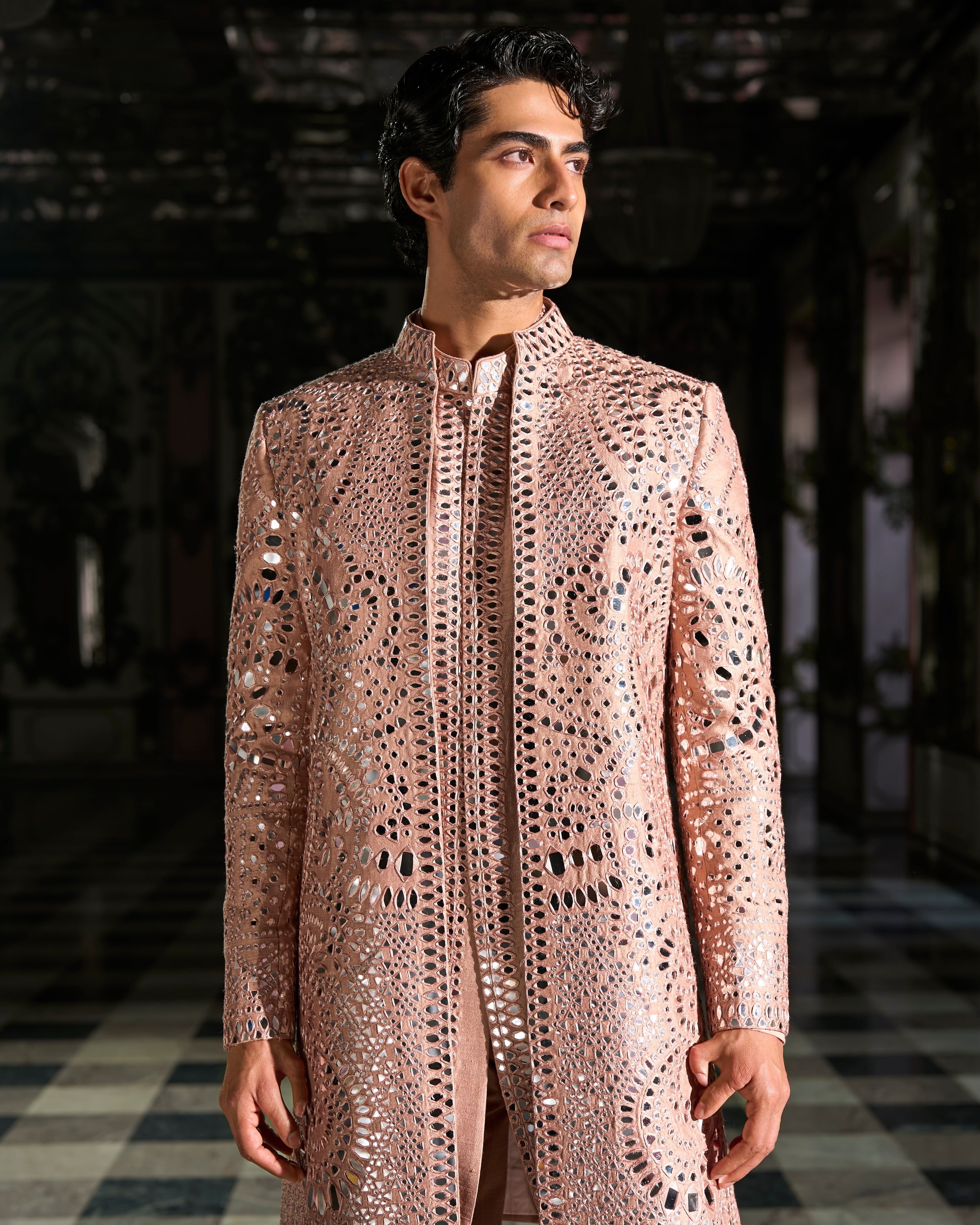 Rose Gold Mirror Work Sherwani Set