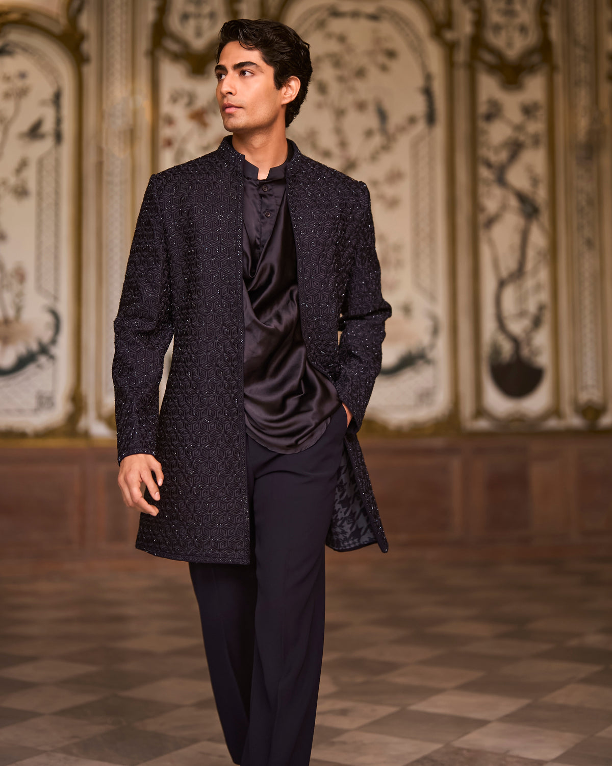 Navy Open Sherwani Set