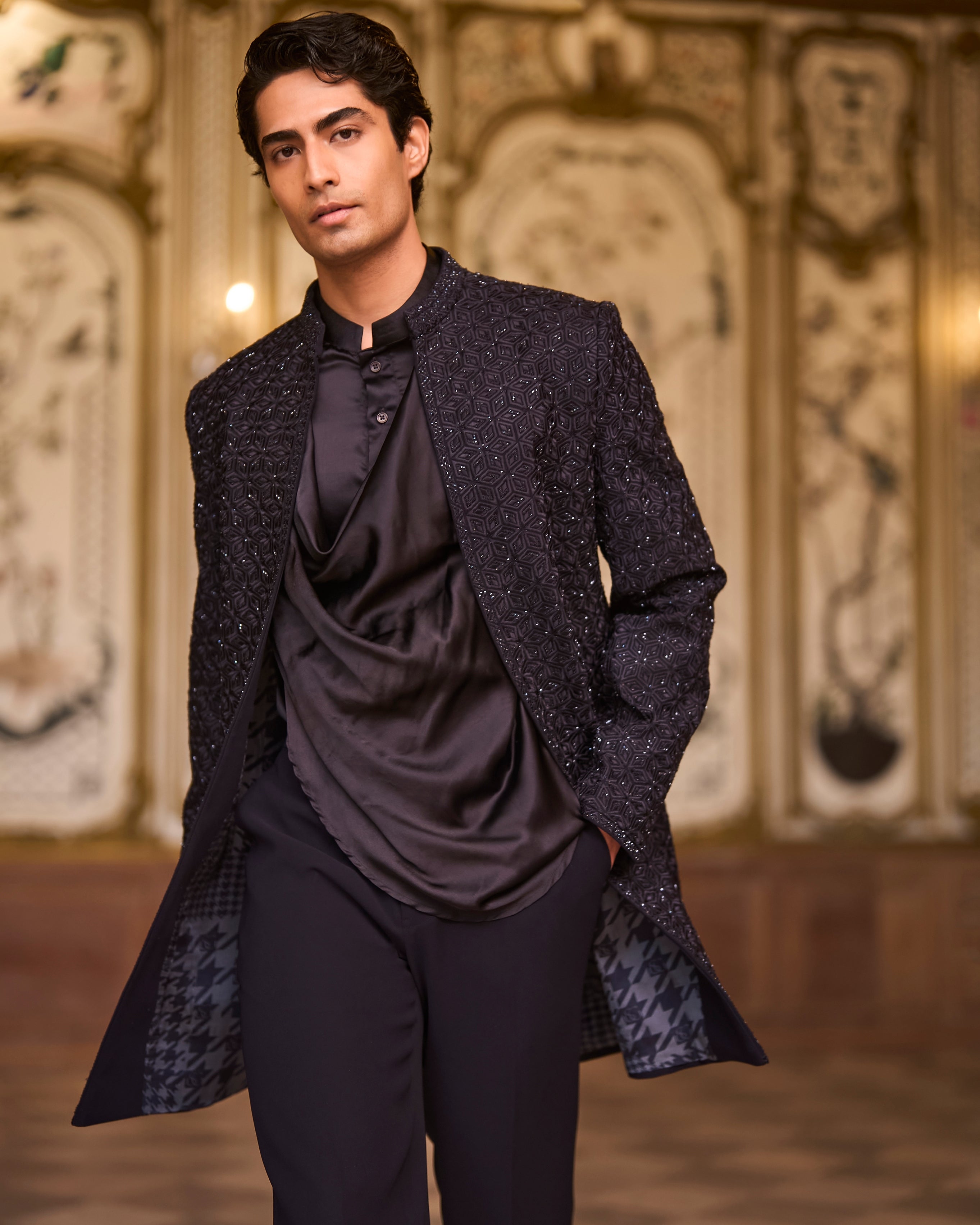 Navy Open Sherwani Set