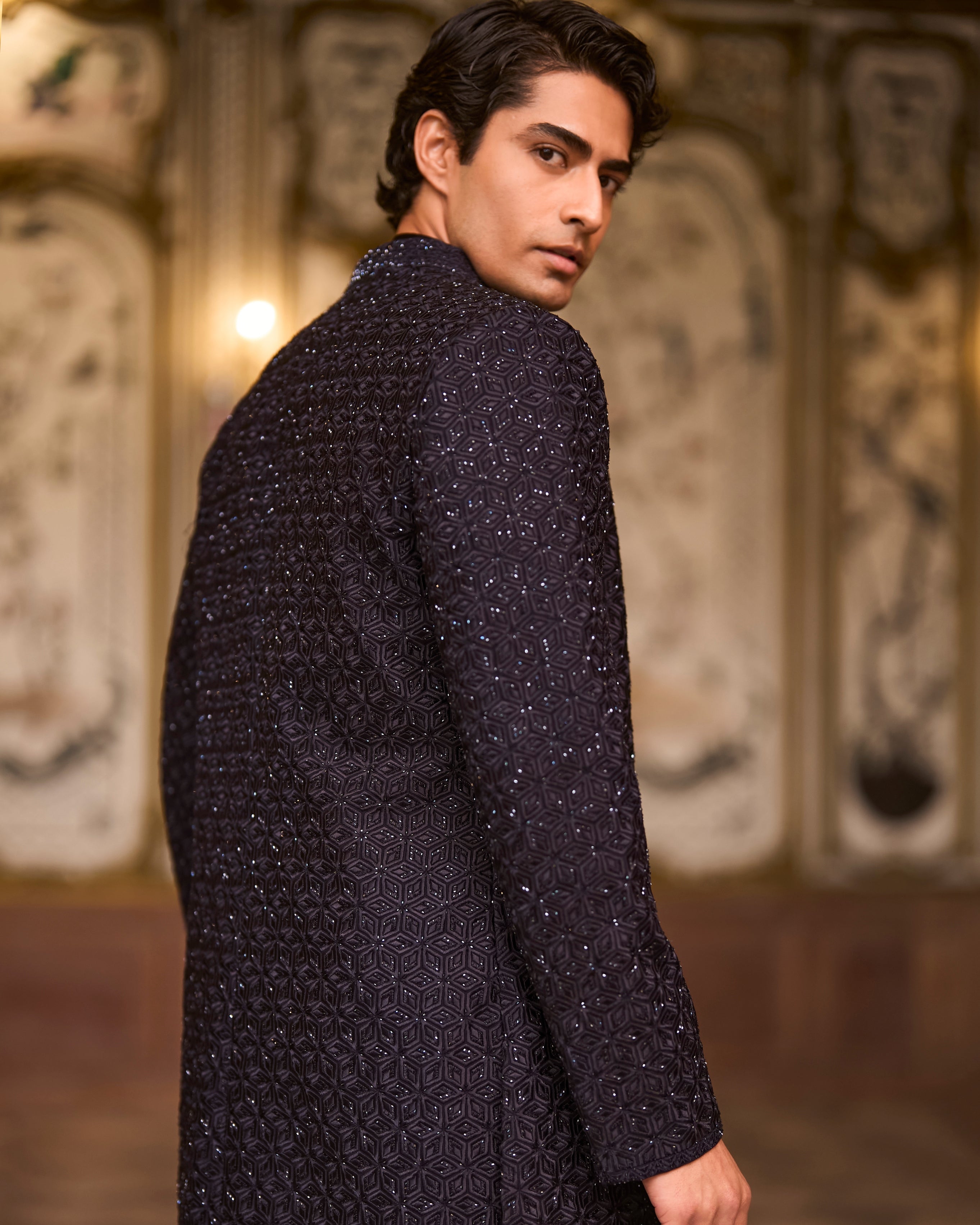 Navy Open Sherwani Set