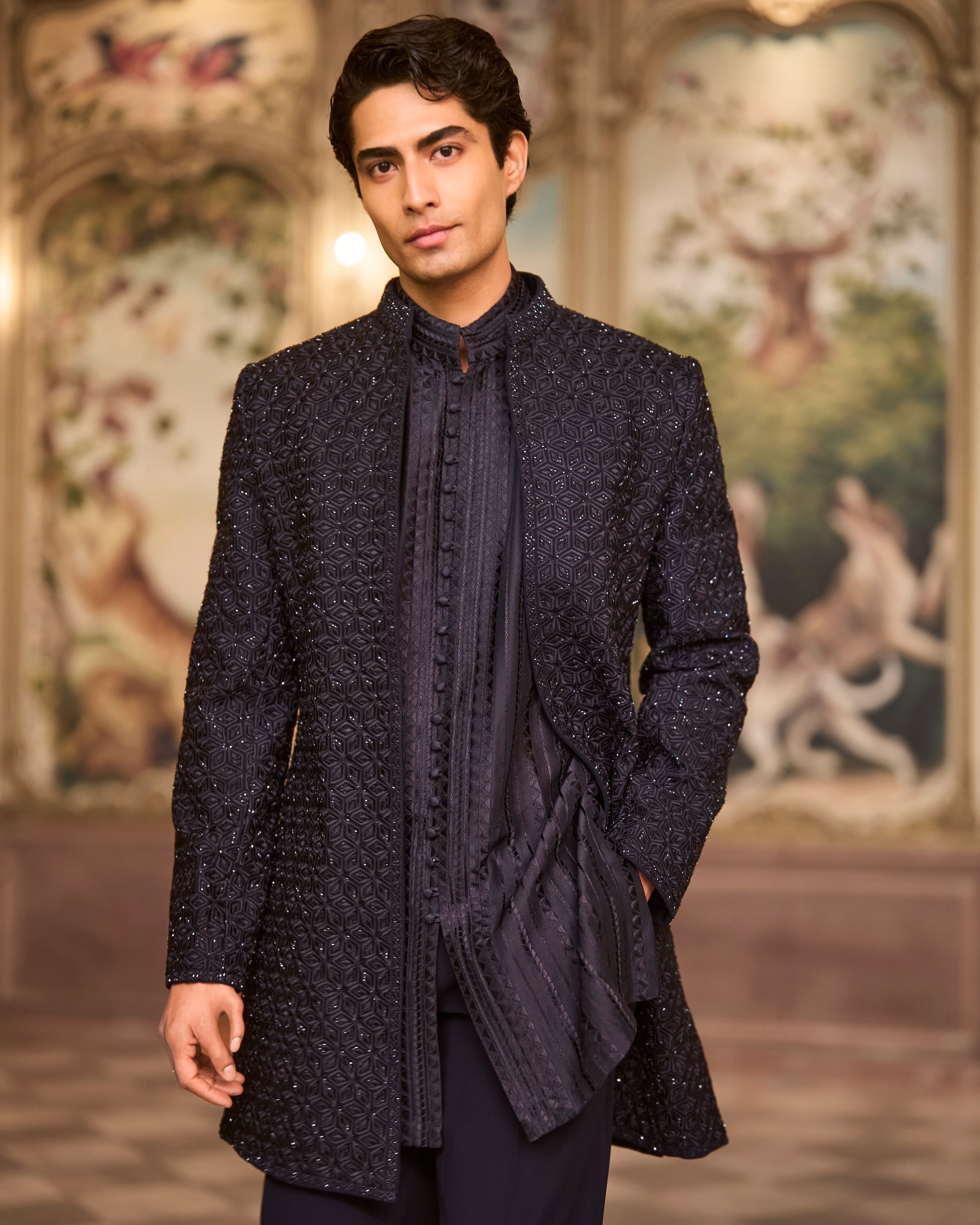 Navy Open Sherwani Set