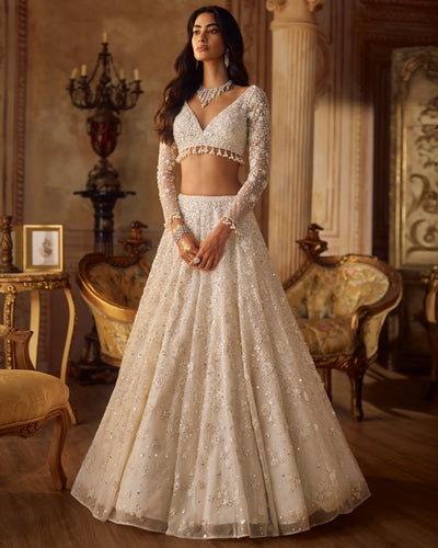 Ivory Portraits Floral Lehenga Set
