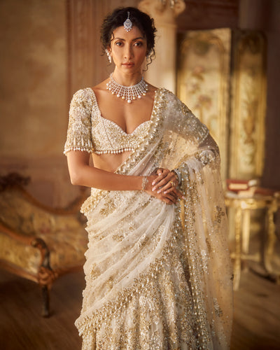 Ivory Gold Lehenga Sari Set