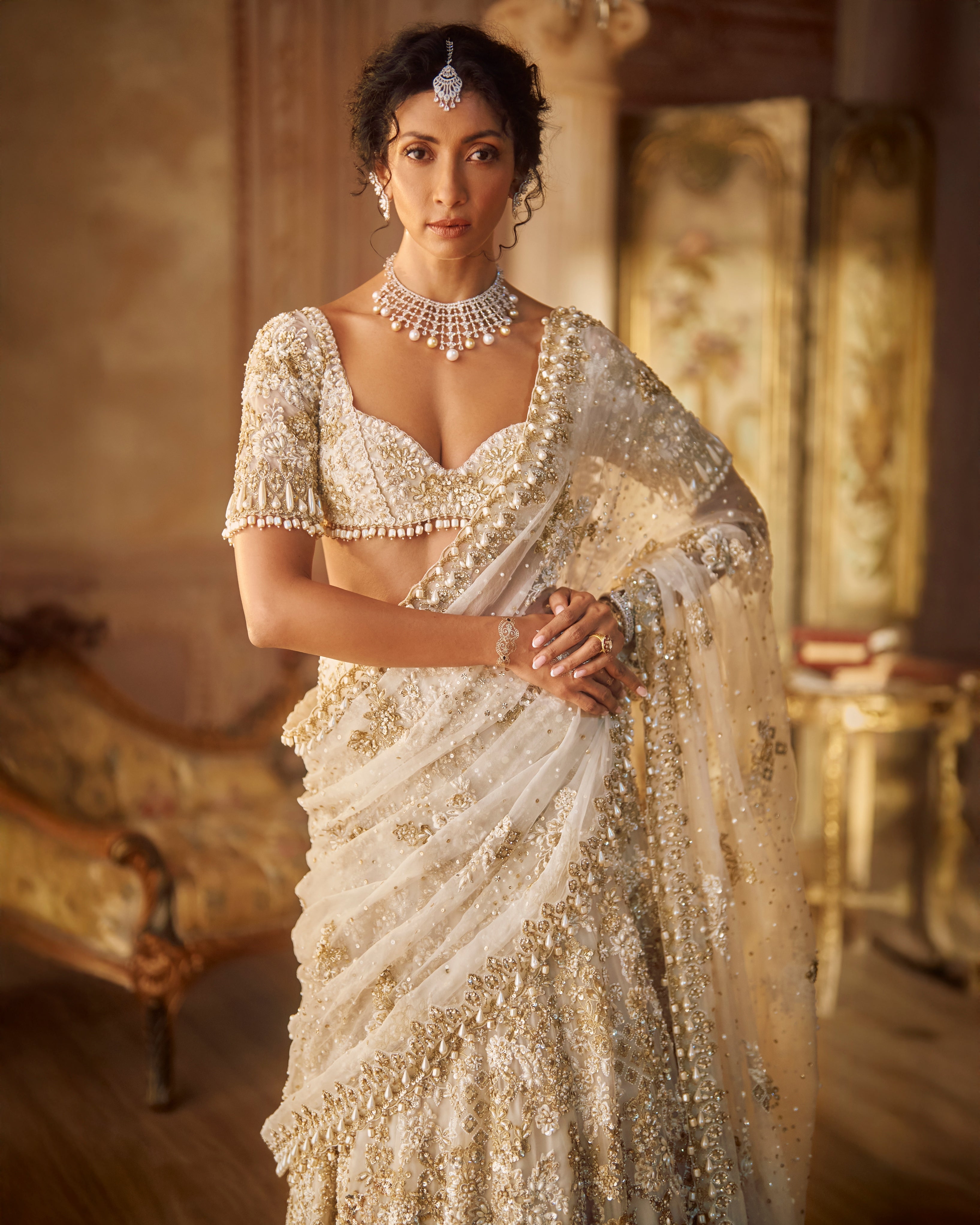 Ivory Gold Lehenga Sari Set