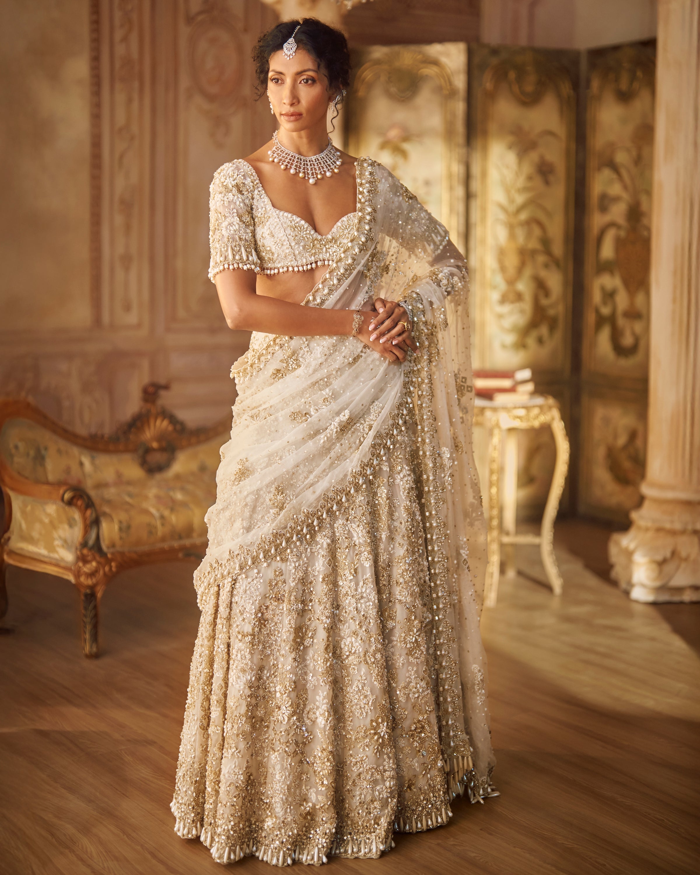 Ivory Gold Lehenga Sari Set