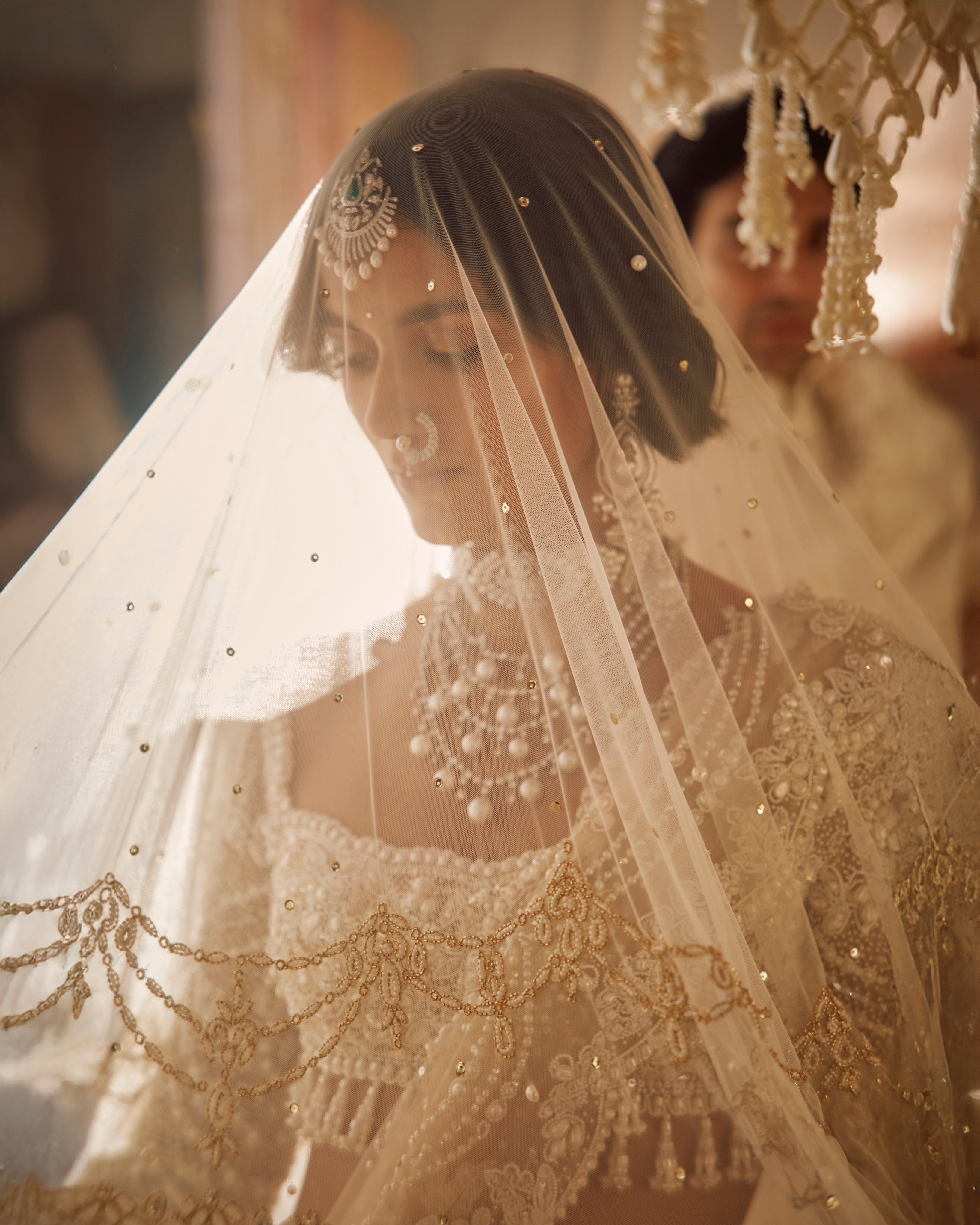 Nude Heavily Embroidered Bridal Pearl Lehenga Set