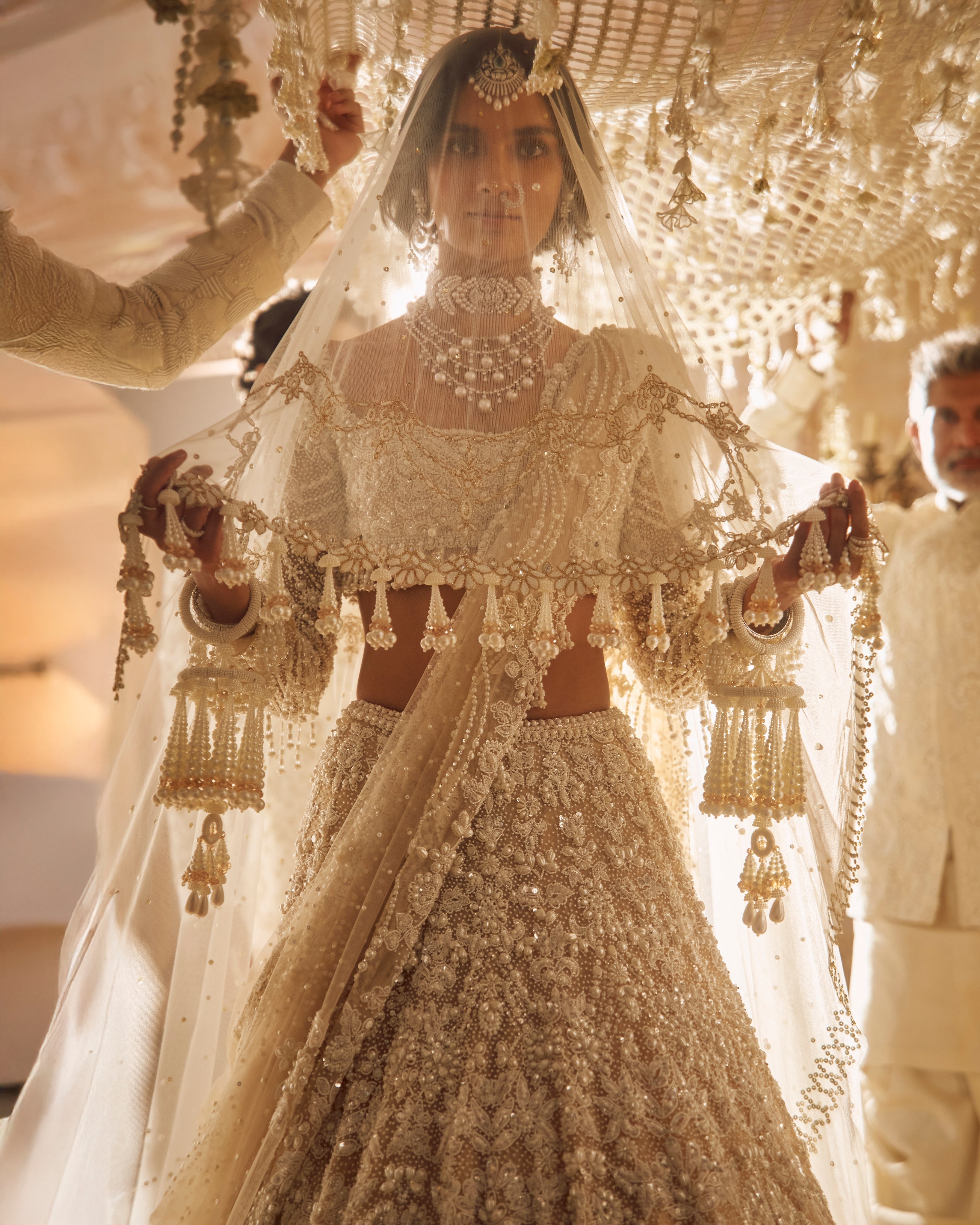 Nude Heavily Embroidered Bridal Pearl Lehenga Set