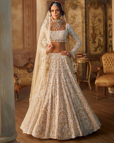 Nude Heavily Embroidered Bridal Pearl Lehenga Set