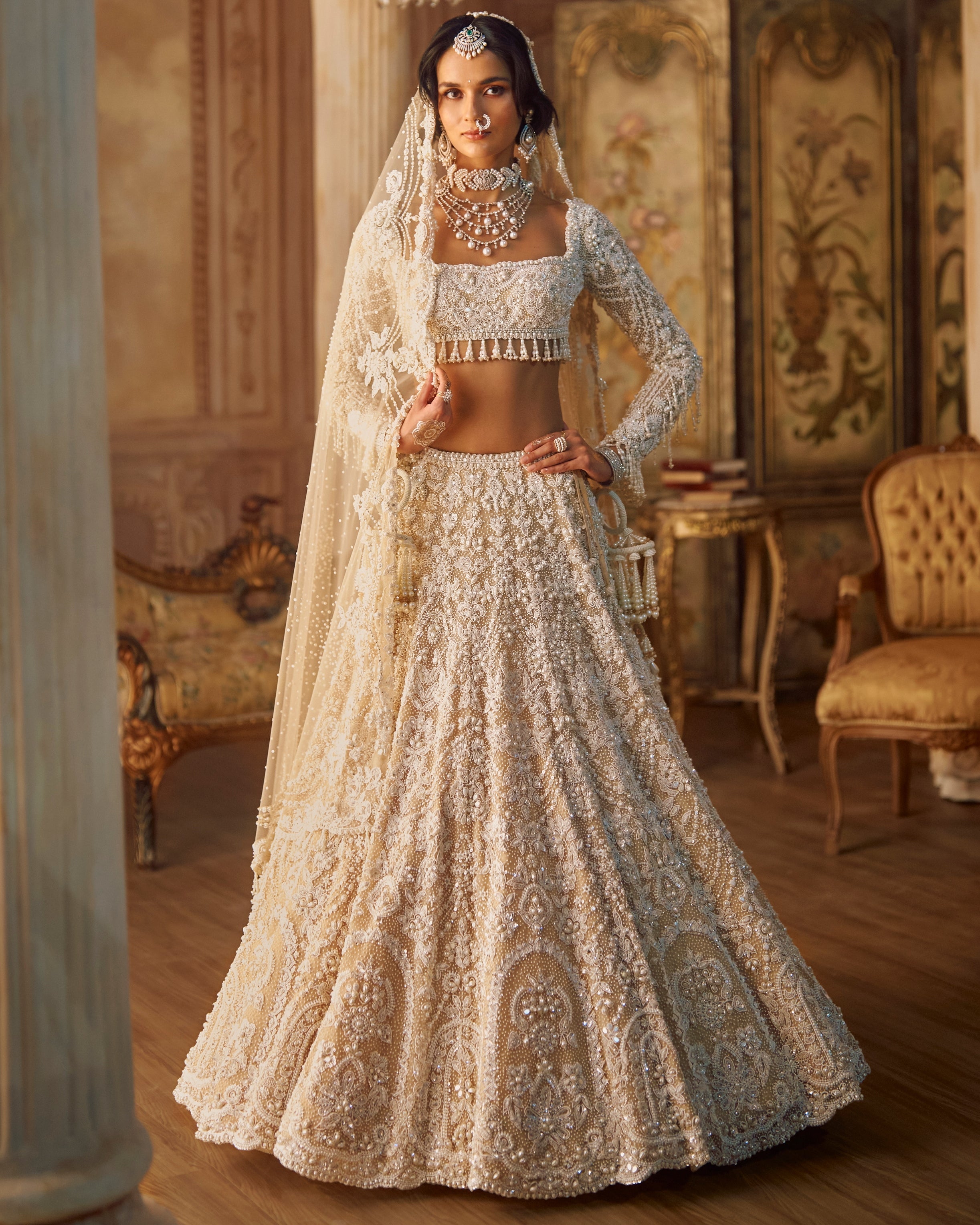 Nude Heavily Embroidered Bridal Pearl Lehenga Set