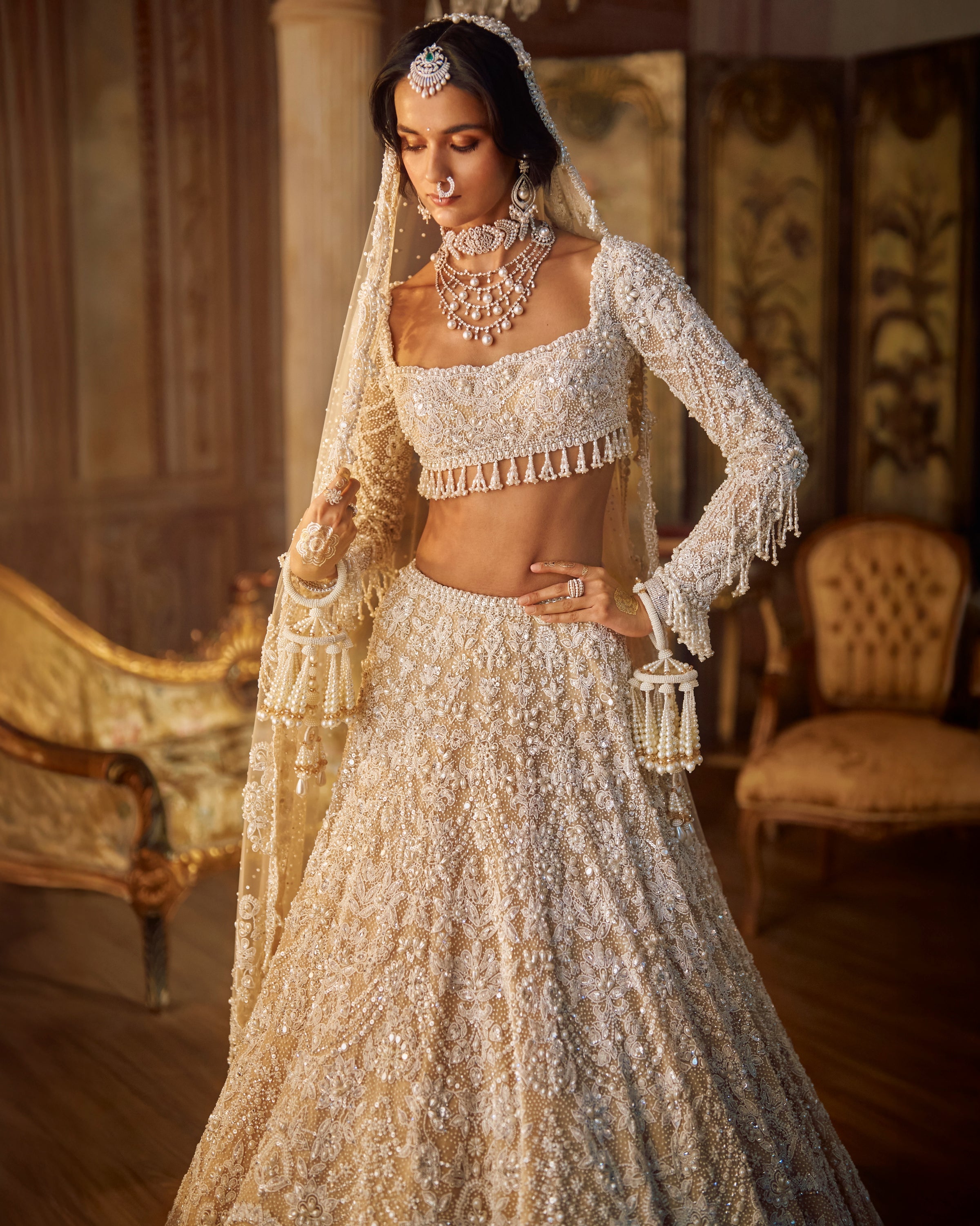 Nude Heavily Embroidered Bridal Pearl Lehenga Set