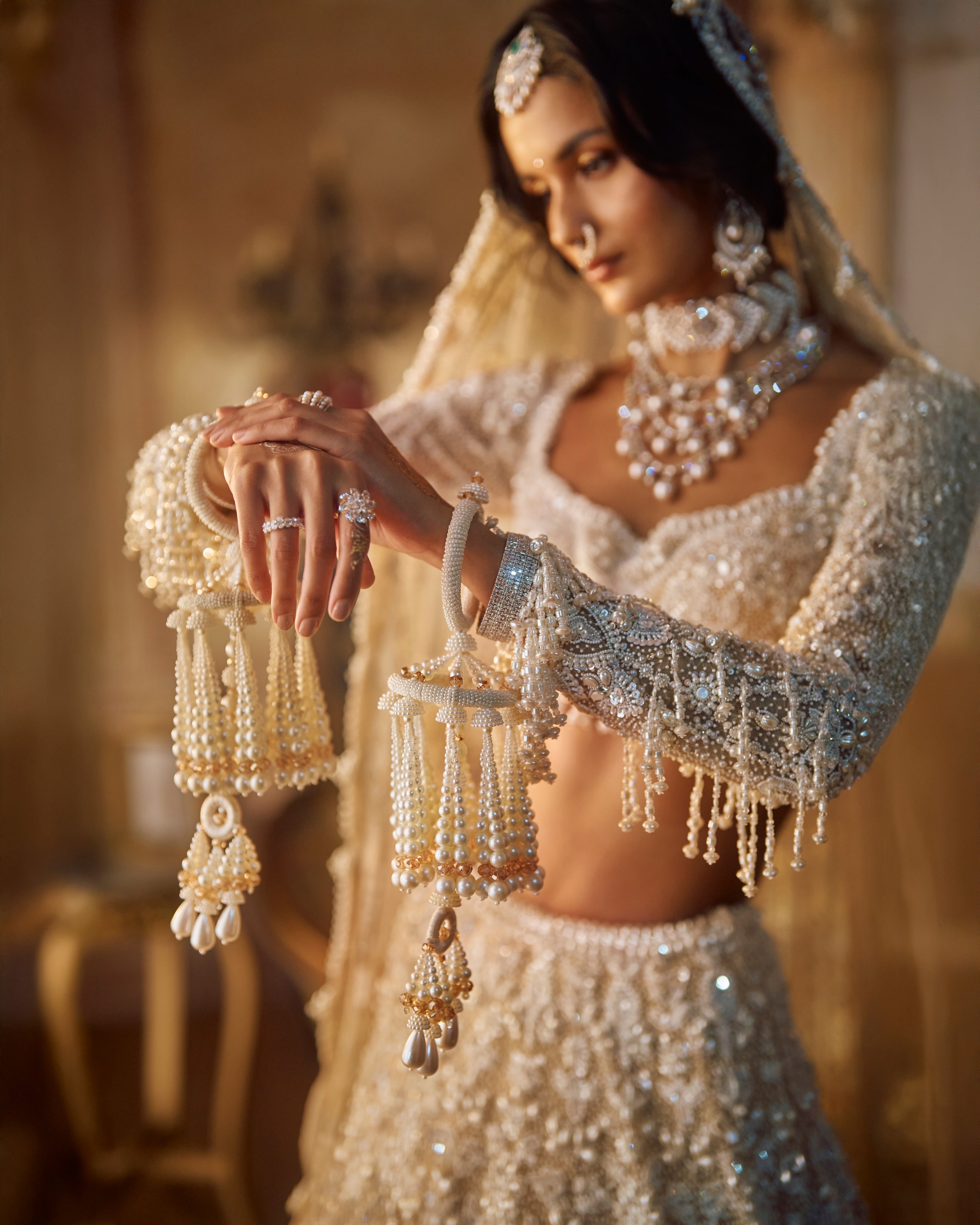 Nude Heavily Embroidered Bridal Pearl Lehenga Set