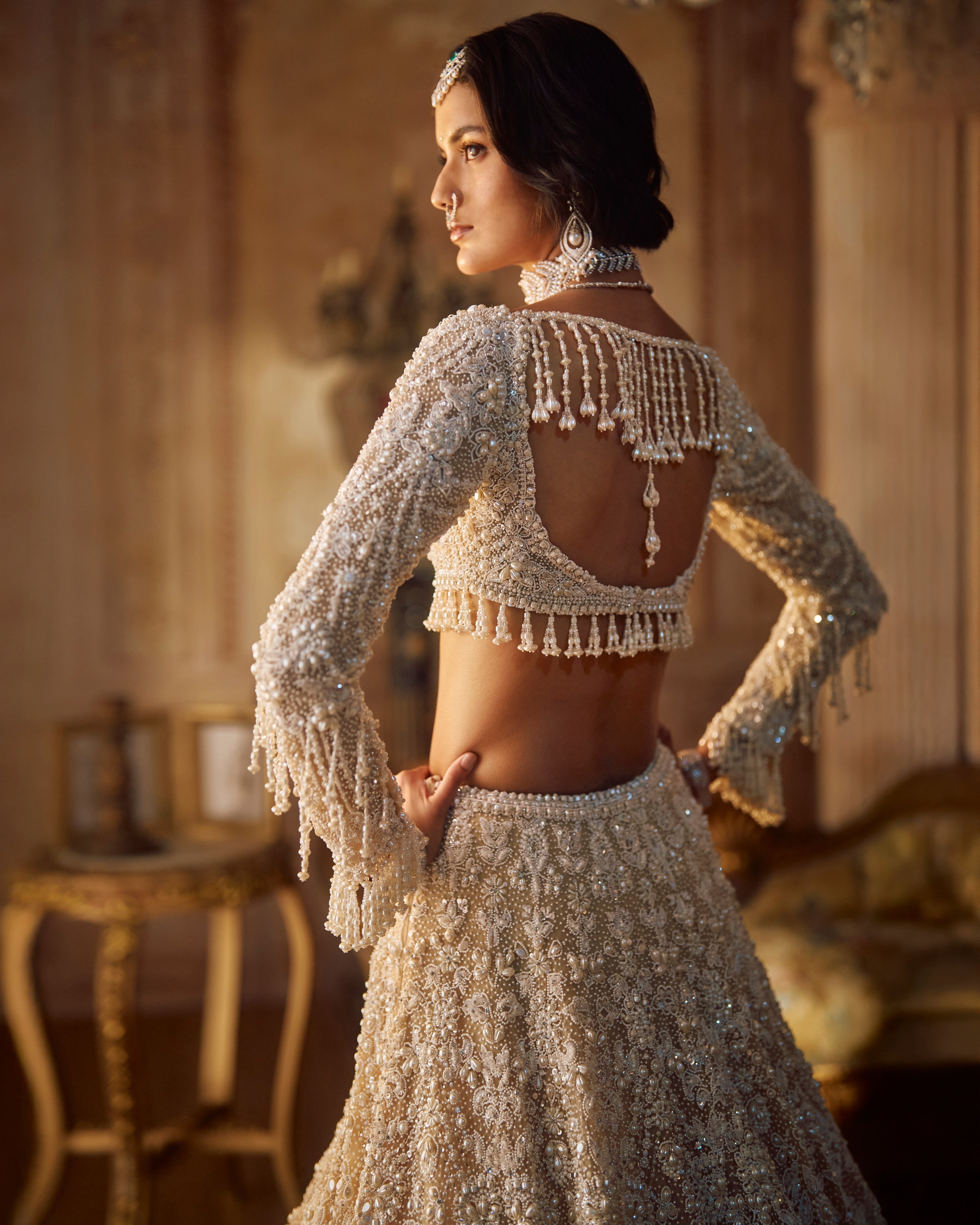 Nude Heavily Embroidered Bridal Pearl Lehenga Set