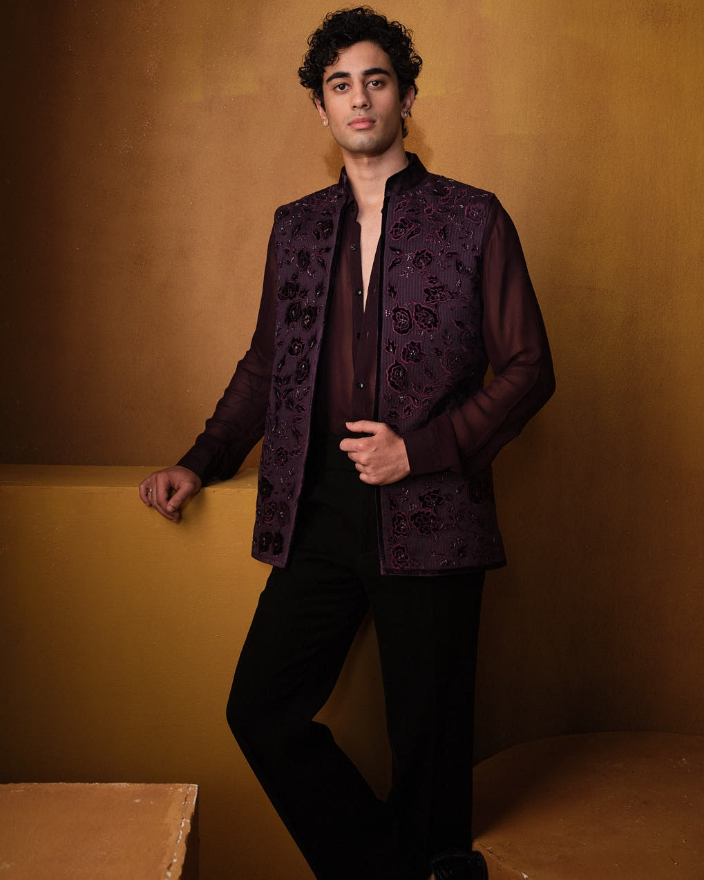 Wine Applique Work Nehru