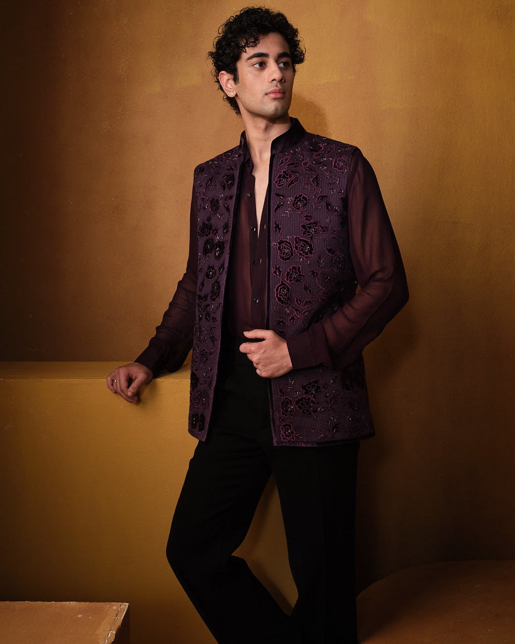 Wine Applique Work Nehru