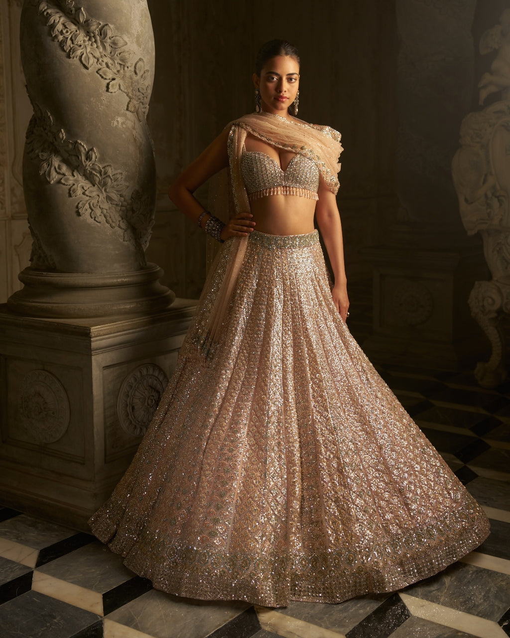 Powder Peach Sequin Lehenga Set