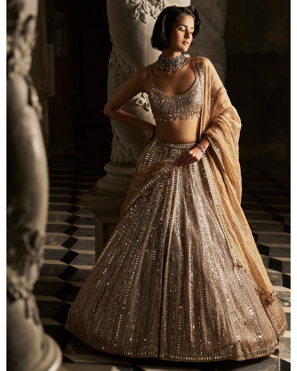 Gold Mirror Work Lehenga Set